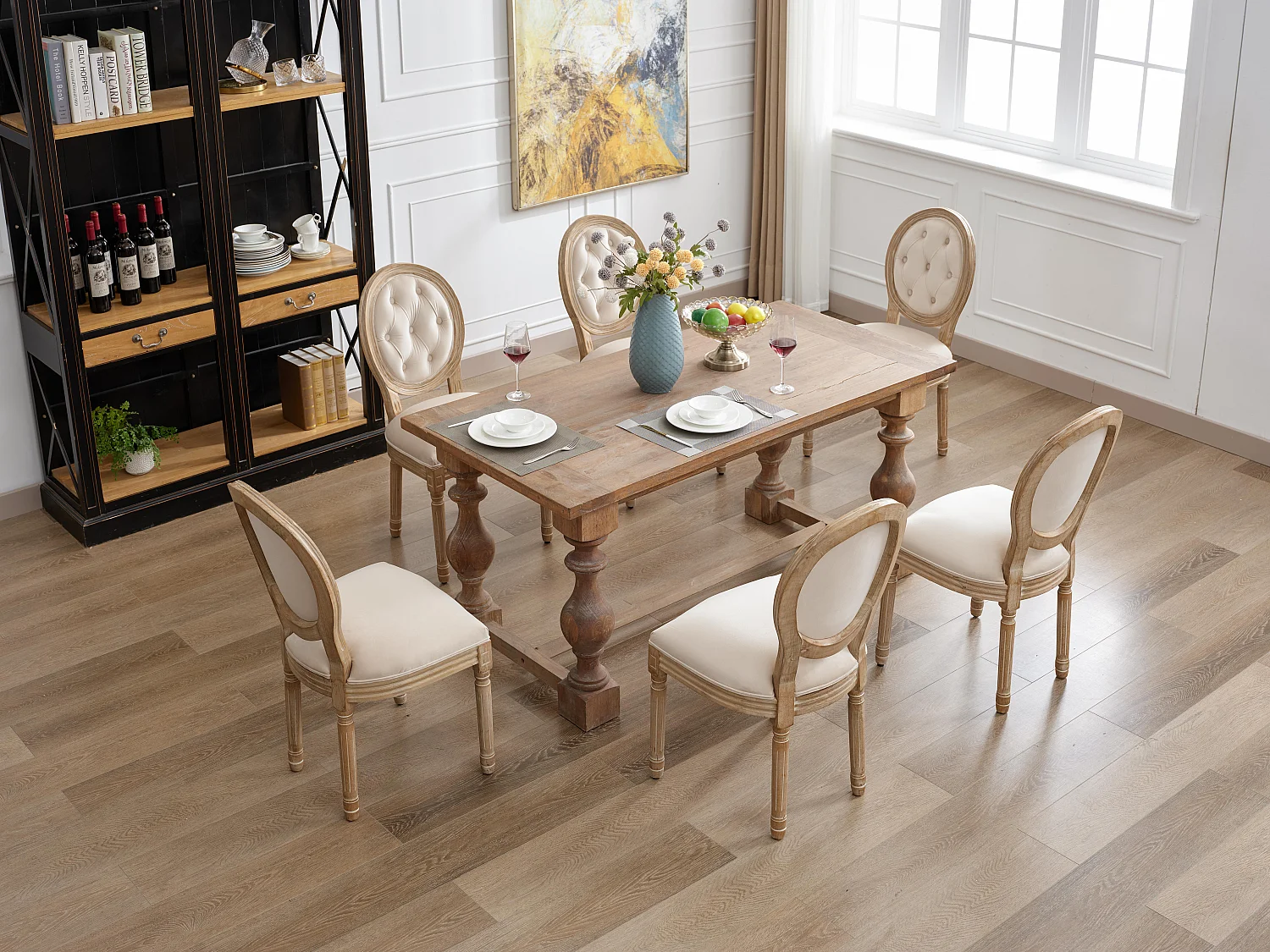 Ensemble table et chaises à manger, 6 chaises,  crème