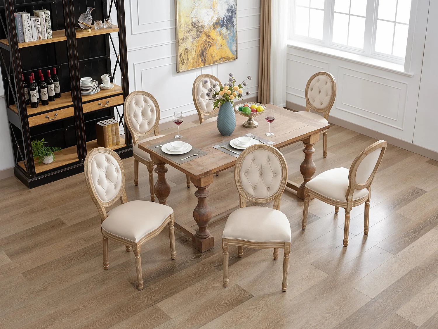 Ensemble table et chaises à manger, 6 chaises,  crème