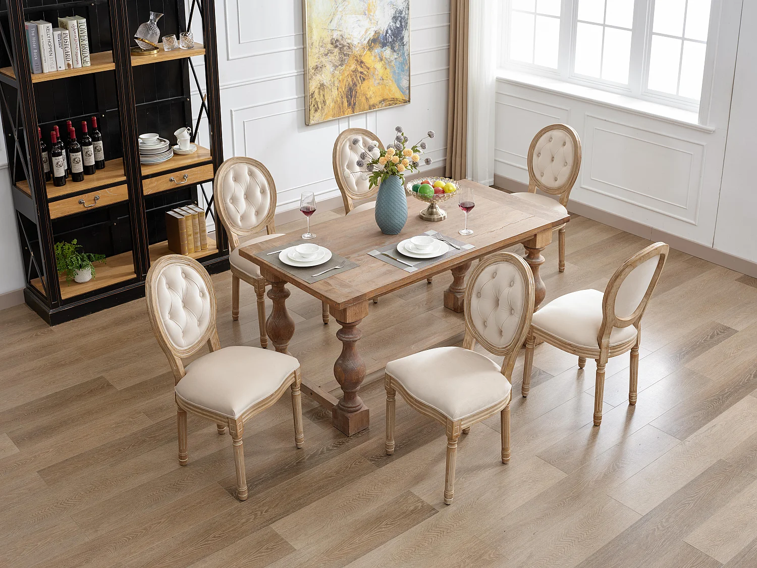 Ensemble table et chaises à manger, 6 chaises,  crème