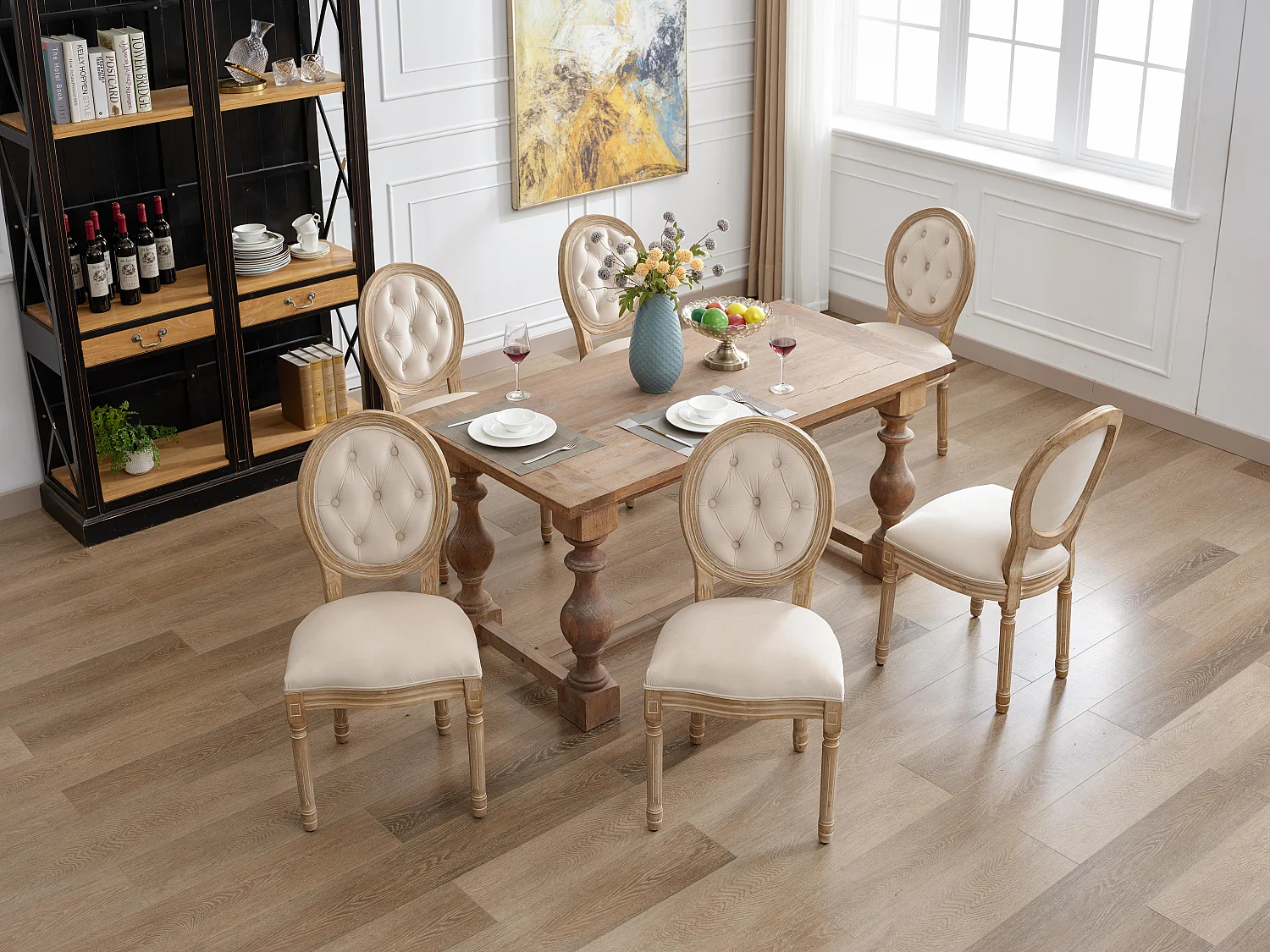 Ensemble table et chaises à manger, 6 chaises,  crème