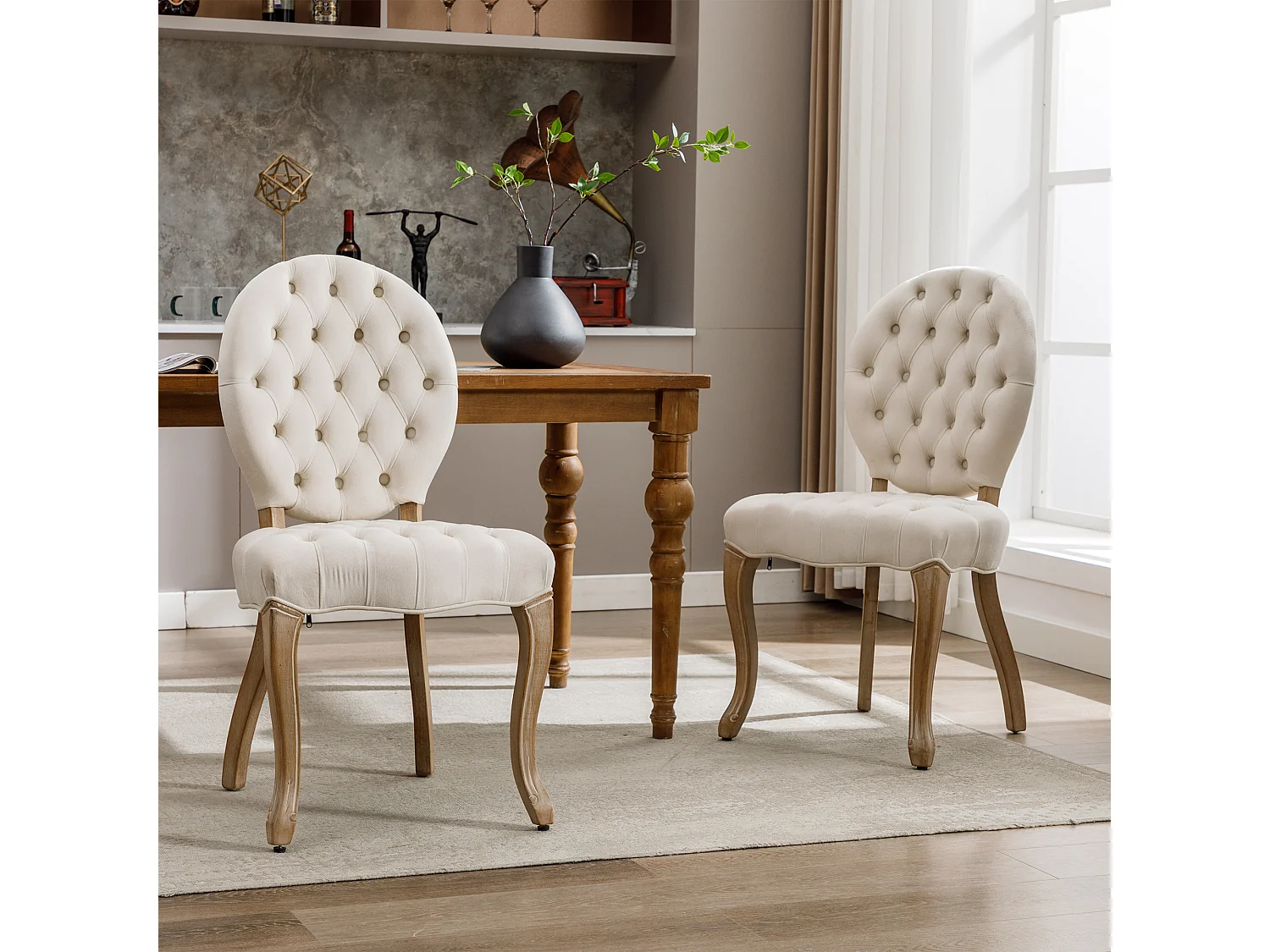 Chaises de salle à manger françaises en velours, lot de 2, avec boutons capitonnés