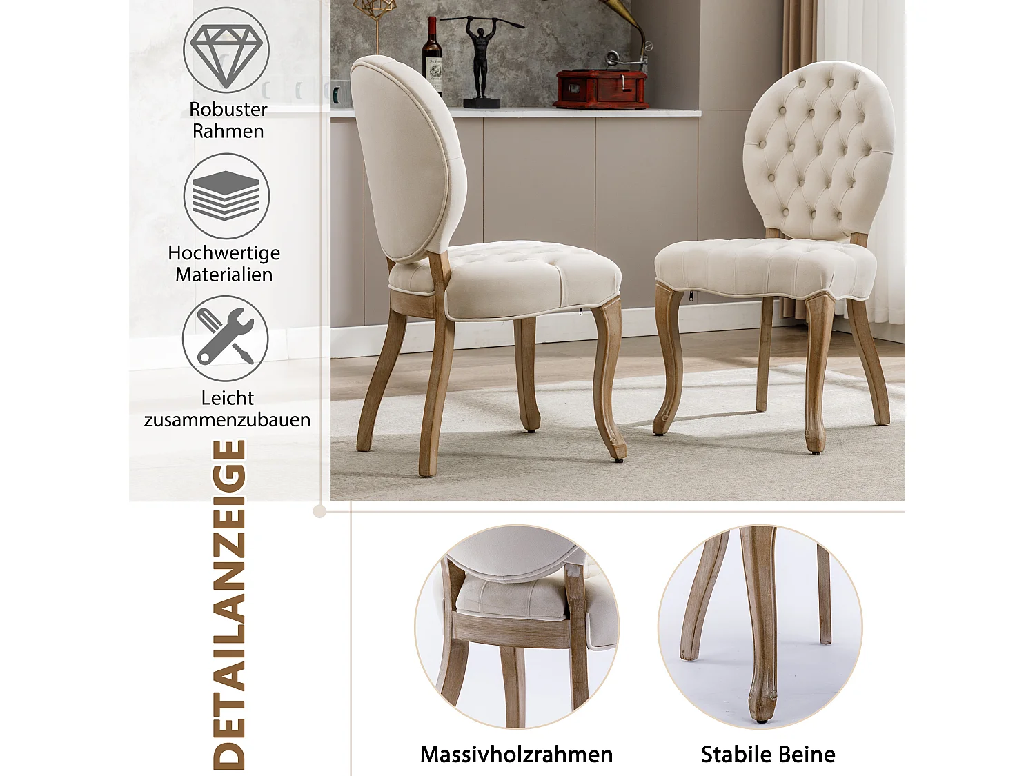 Chaises de salle à manger françaises en velours, lot de 2, avec boutons capitonnés