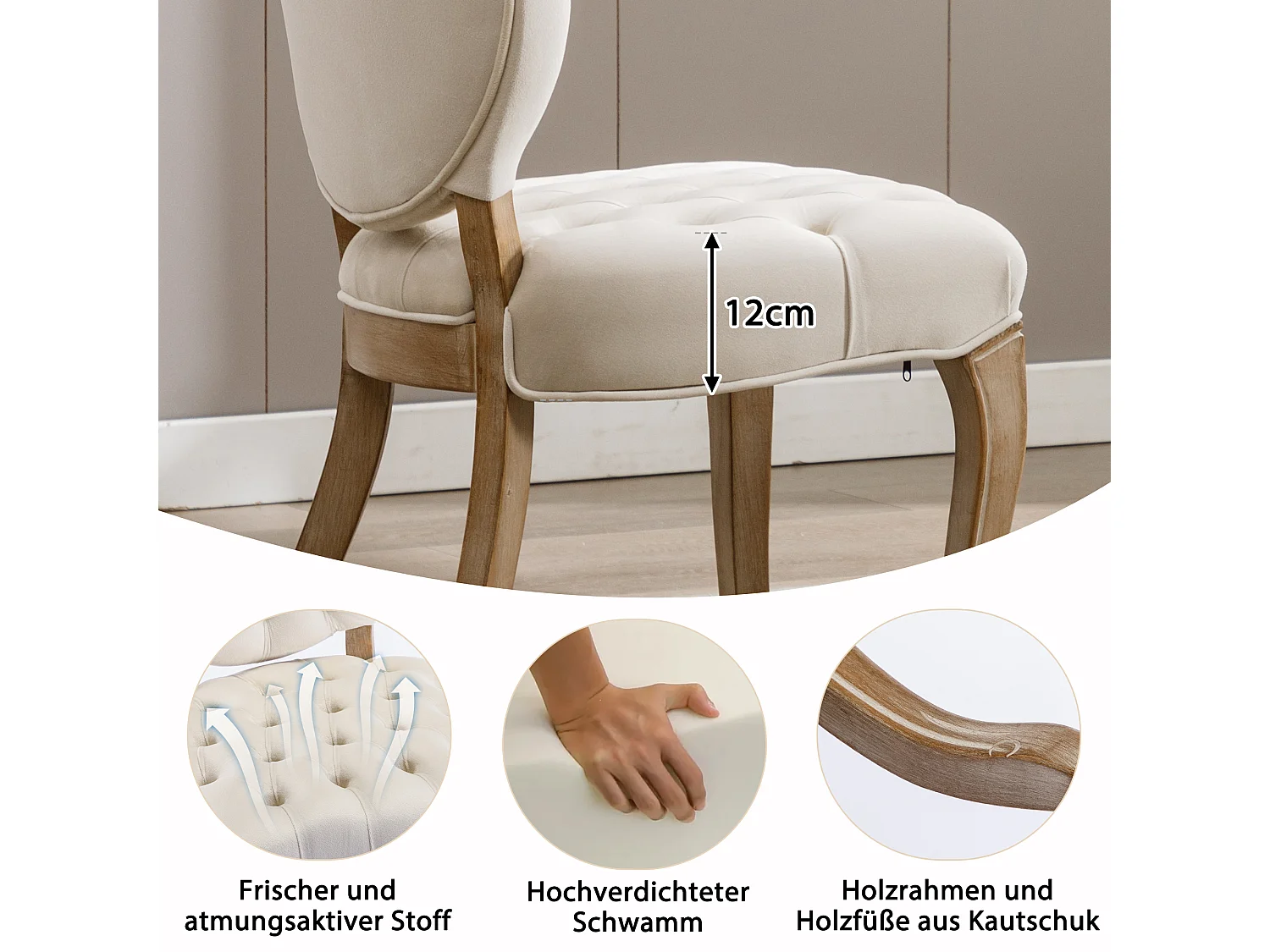 Chaises de salle à manger françaises en velours, lot de 2, avec boutons capitonnés