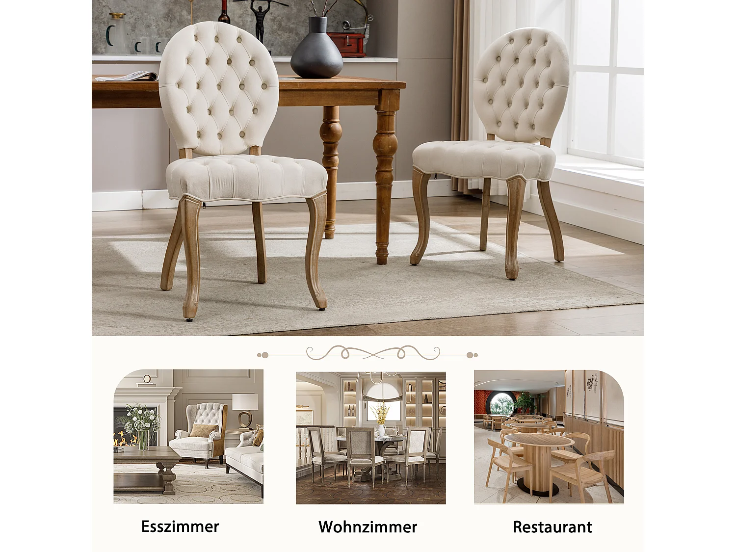 Chaises de salle à manger françaises en velours, lot de 2, avec boutons capitonnés