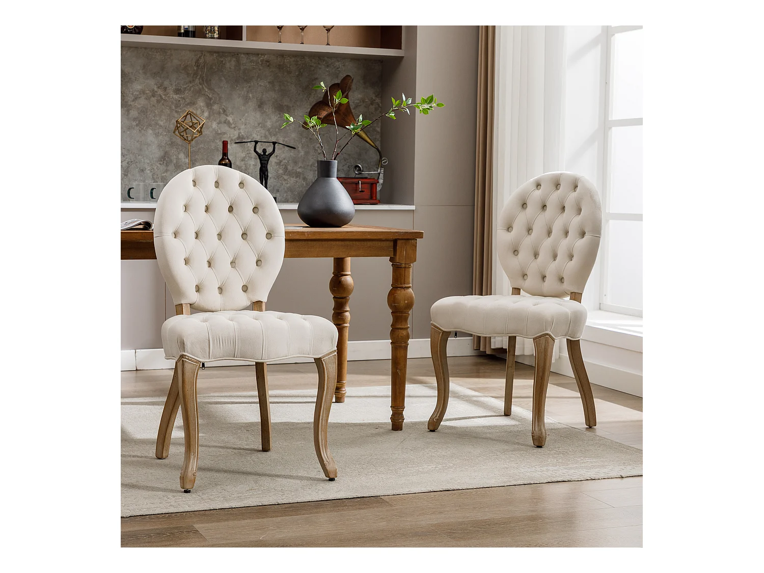Franse eetkamerstoelen van fluweel, set van 2, met knoopdetails.