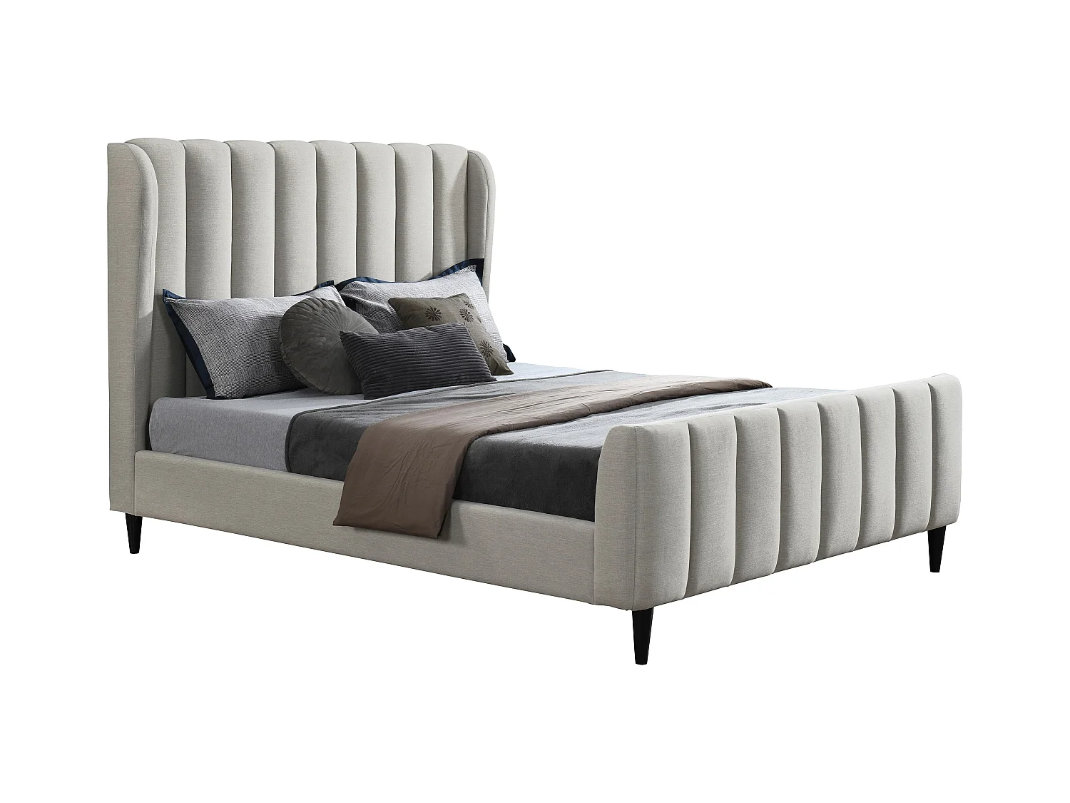 Bett - 140 x 190 cm - Stoff mit vertikalen Ziernähten - Hellgrau - CASAGOTI