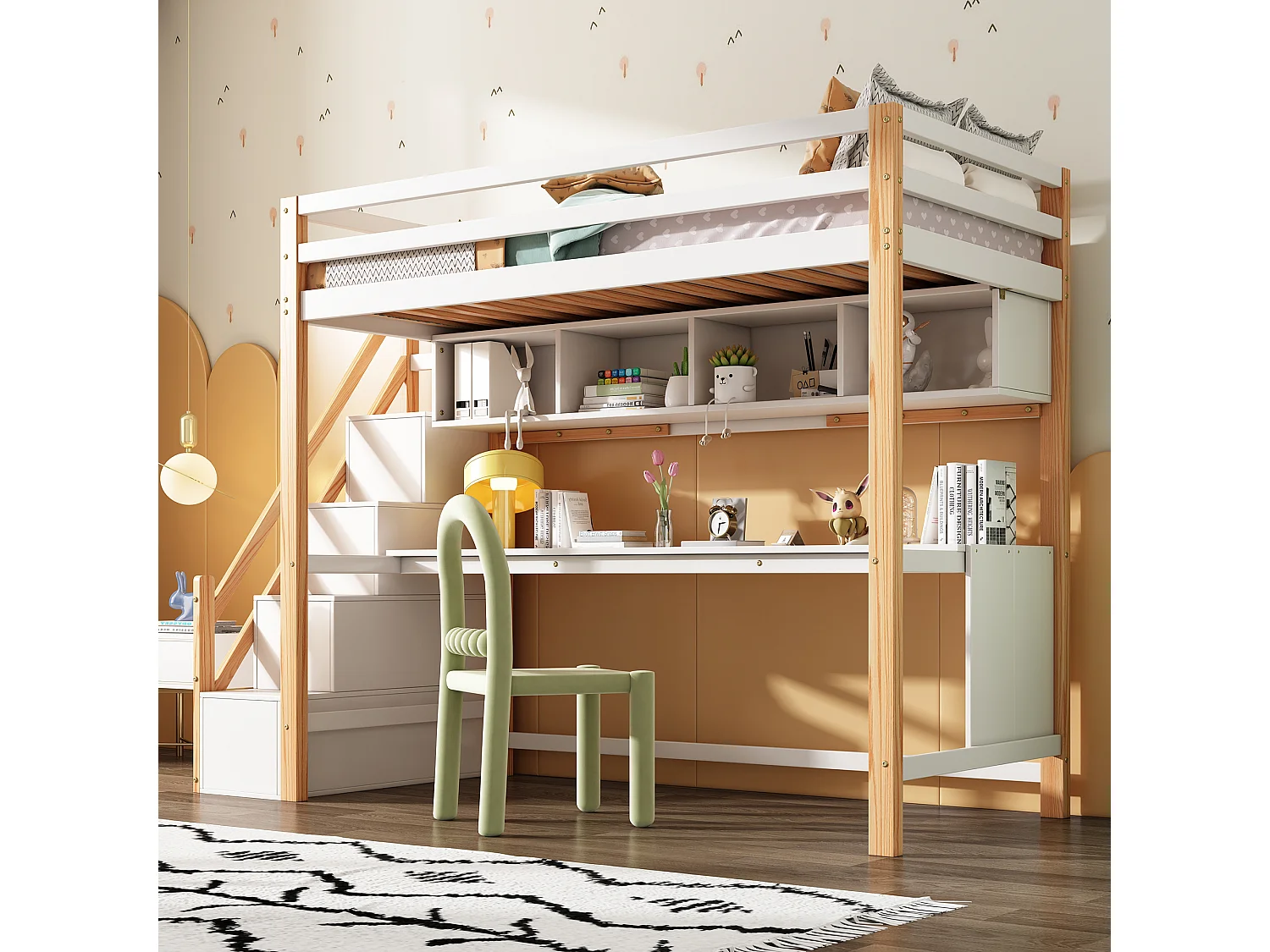 Lit pour enfants avec escalier de rangement 90*200cm, en bois de pin, couleurs respectueuses de l'environnement, naturel et blanc