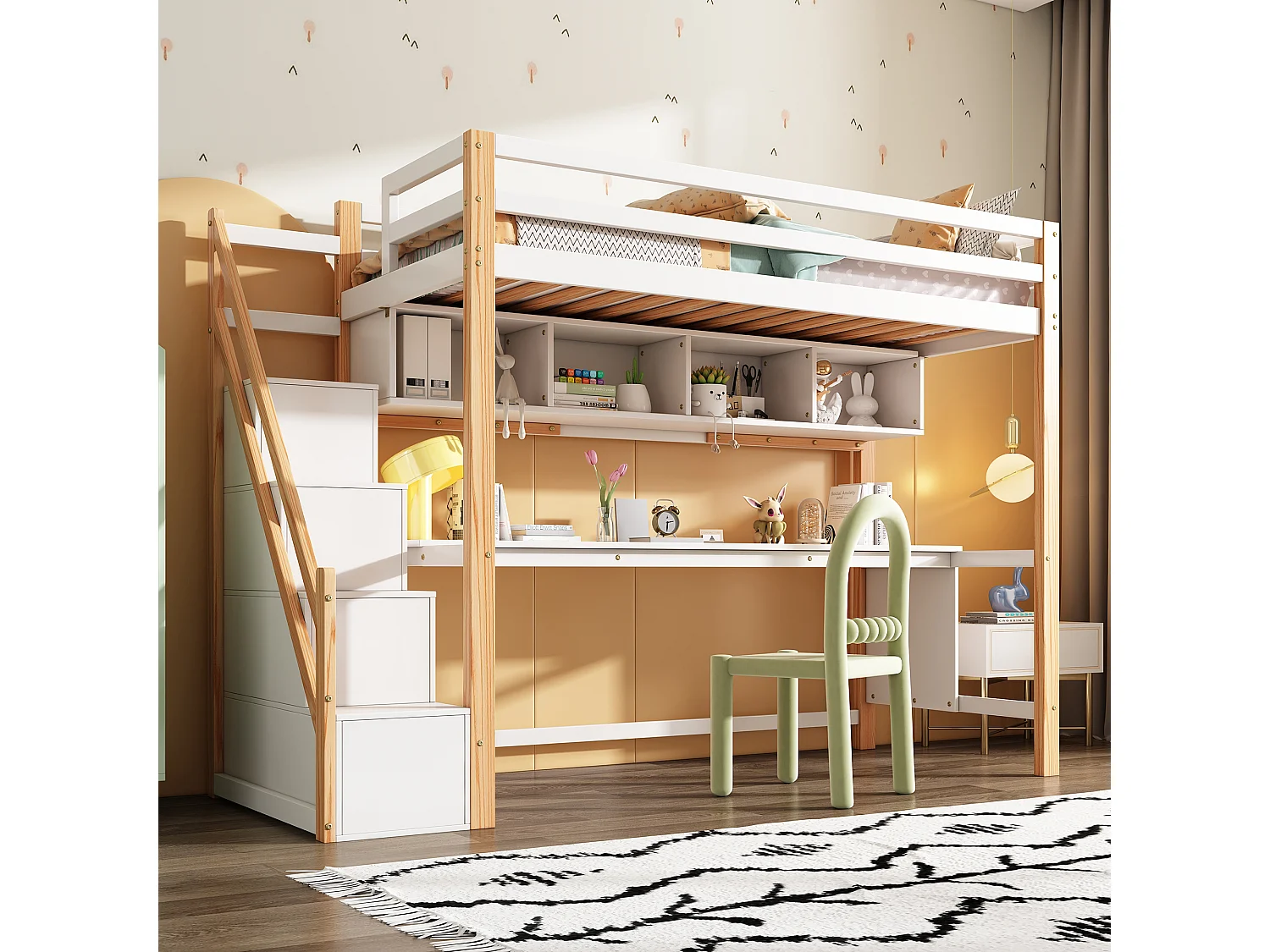 Lit pour enfants avec escalier de rangement 90*200cm, en bois de pin, couleurs respectueuses de l'environnement, naturel et blanc