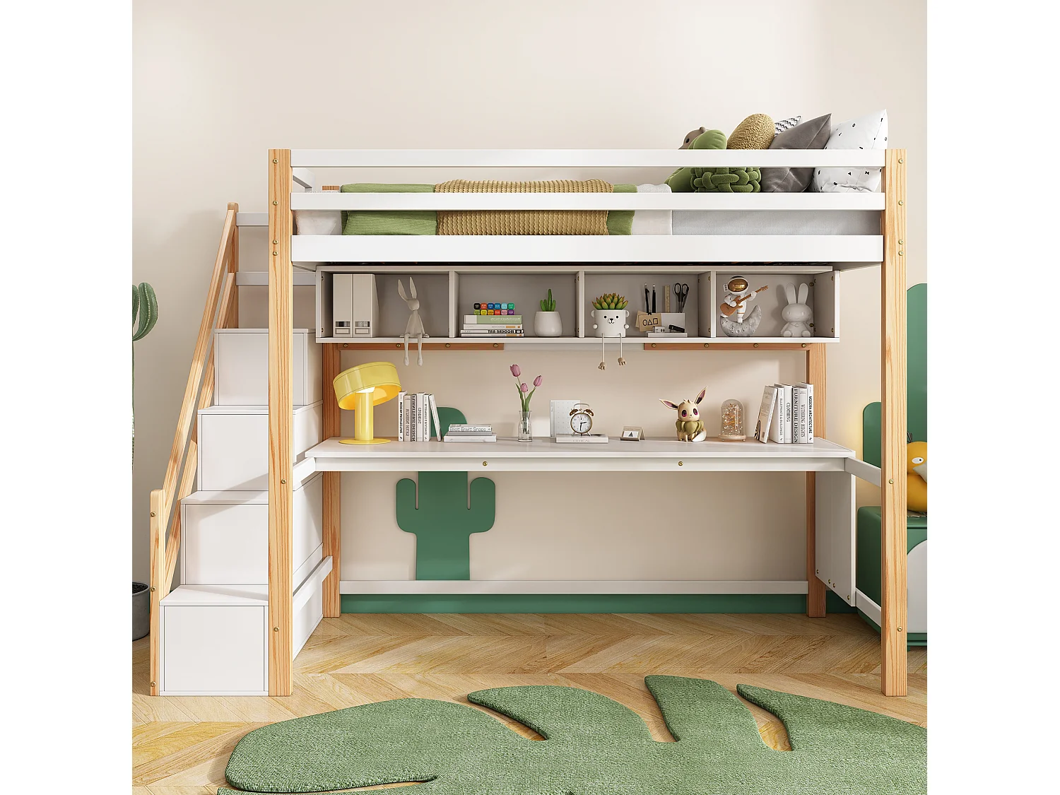 Lit pour enfants avec escalier de rangement 90*200cm, en bois de pin, couleurs respectueuses de l'environnement, naturel et blanc