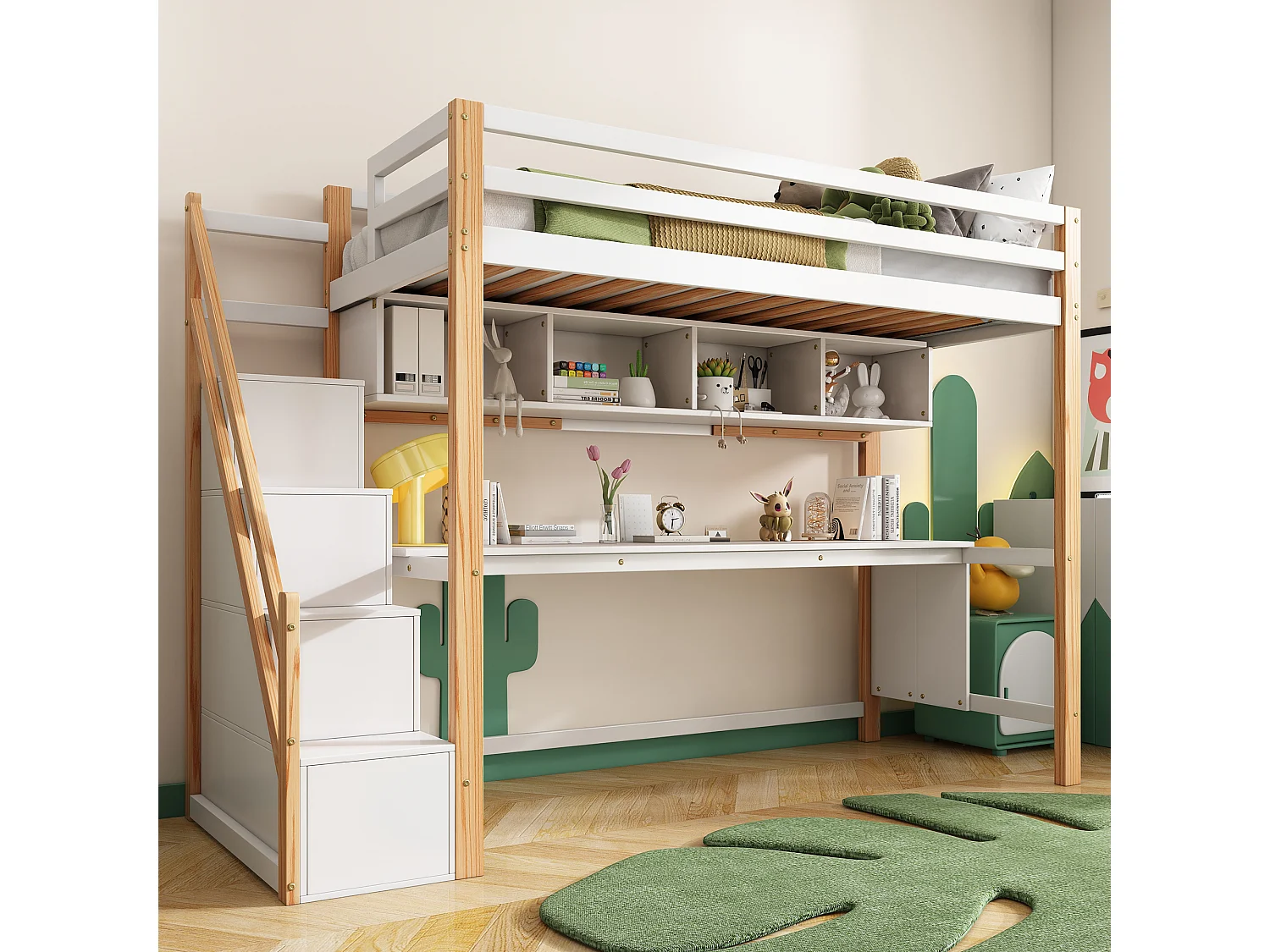 Lit pour enfants avec escalier de rangement 90*200cm, en bois de pin, couleurs respectueuses de l'environnement, naturel et blanc