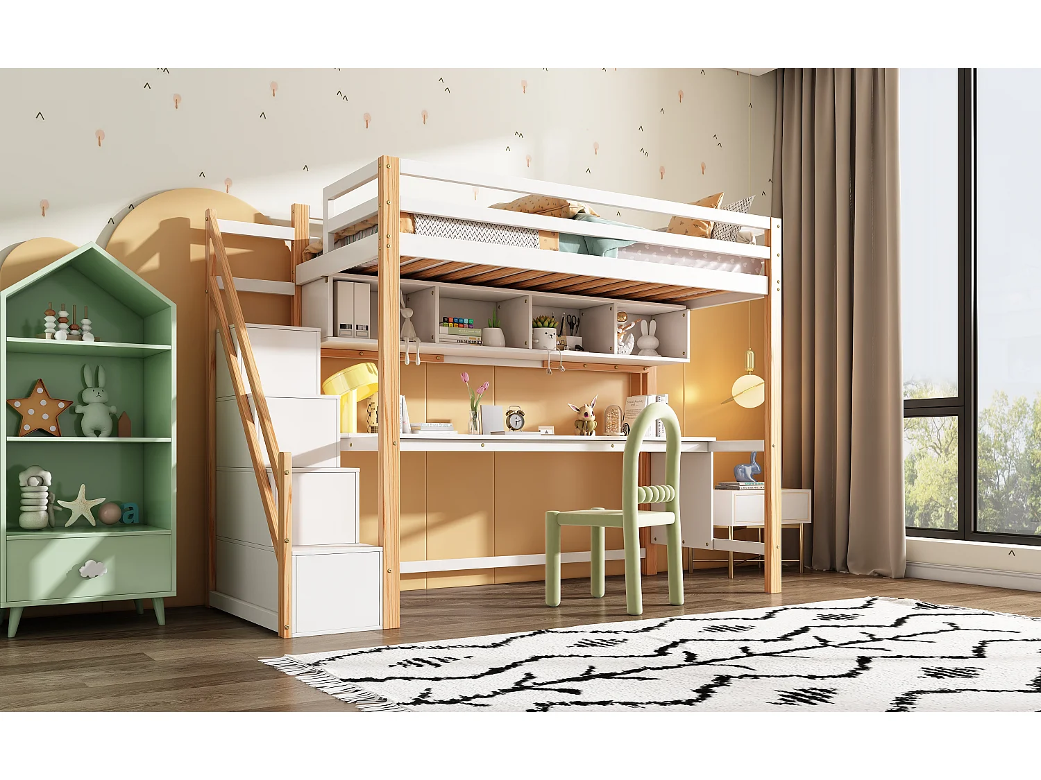 Lit pour enfants avec escalier de rangement 90*200cm, en bois de pin, couleurs respectueuses de l'environnement, naturel et blanc