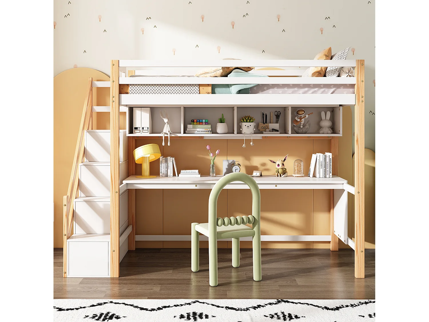 Lit pour enfants avec escalier de rangement 90*200cm, en bois de pin, couleurs respectueuses de l'environnement, naturel et blanc