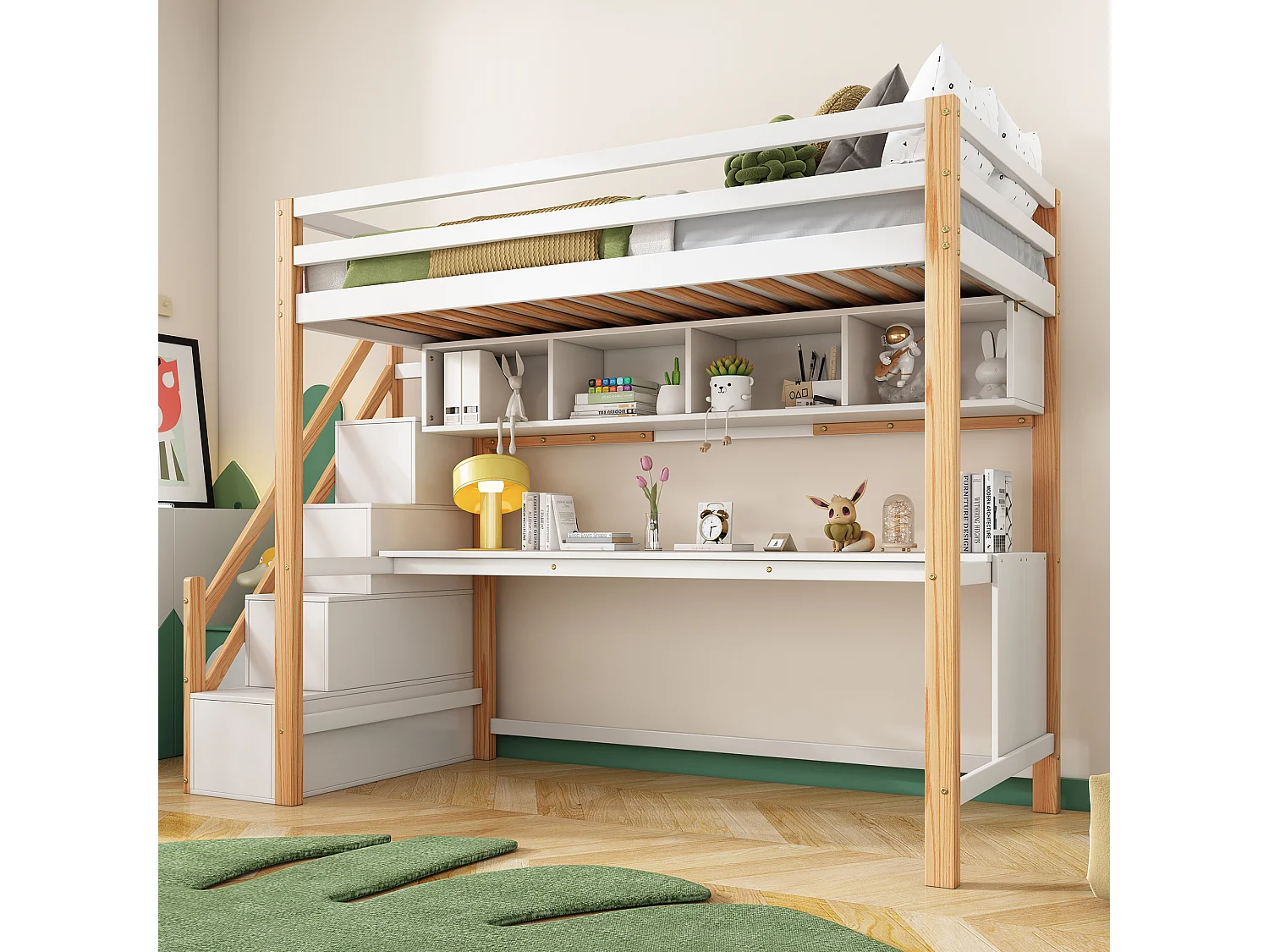 Lit pour enfants avec escalier de rangement 90*200cm, en bois de pin, couleurs respectueuses de l'environnement, naturel et blanc