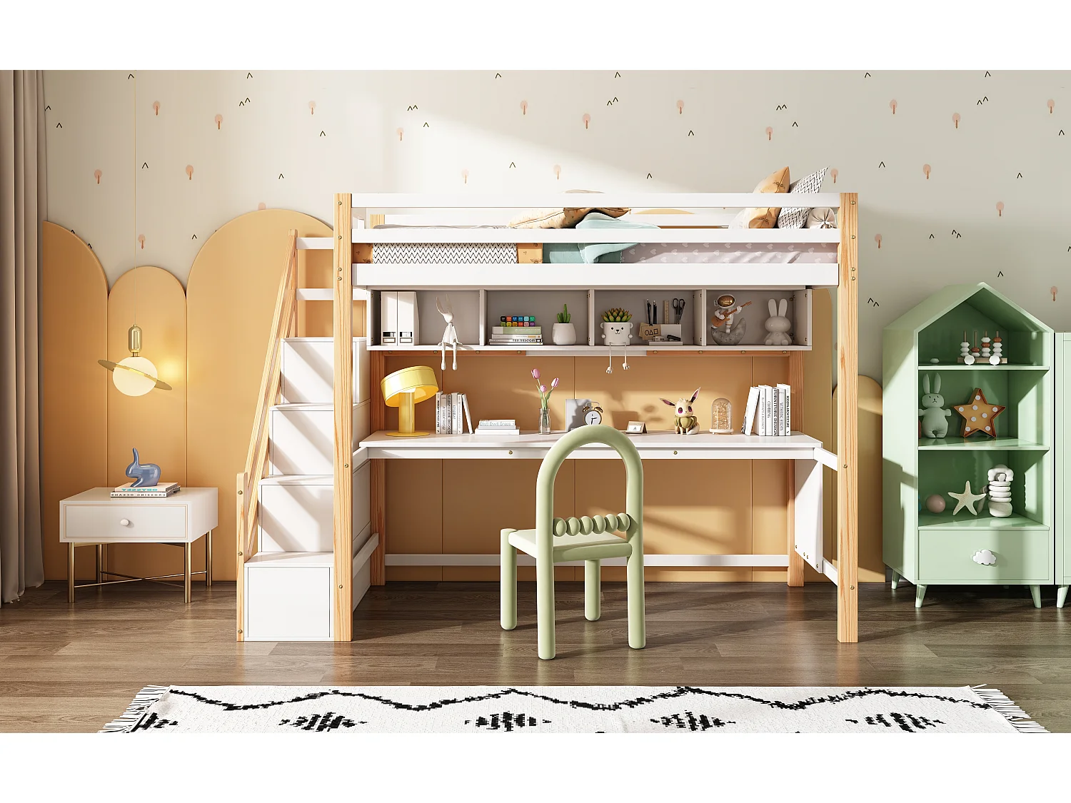 Lit pour enfants avec escalier de rangement 90*200cm, en bois de pin, couleurs respectueuses de l'environnement, naturel et blanc