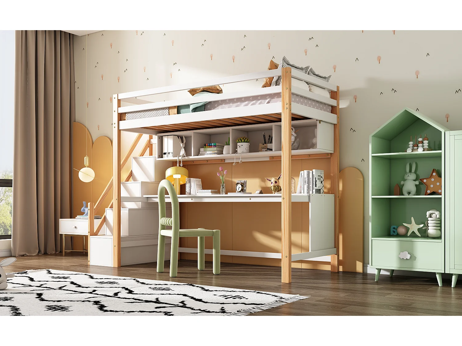 Lit pour enfants avec escalier de rangement 90*200cm, en bois de pin, couleurs respectueuses de l'environnement, naturel et blanc