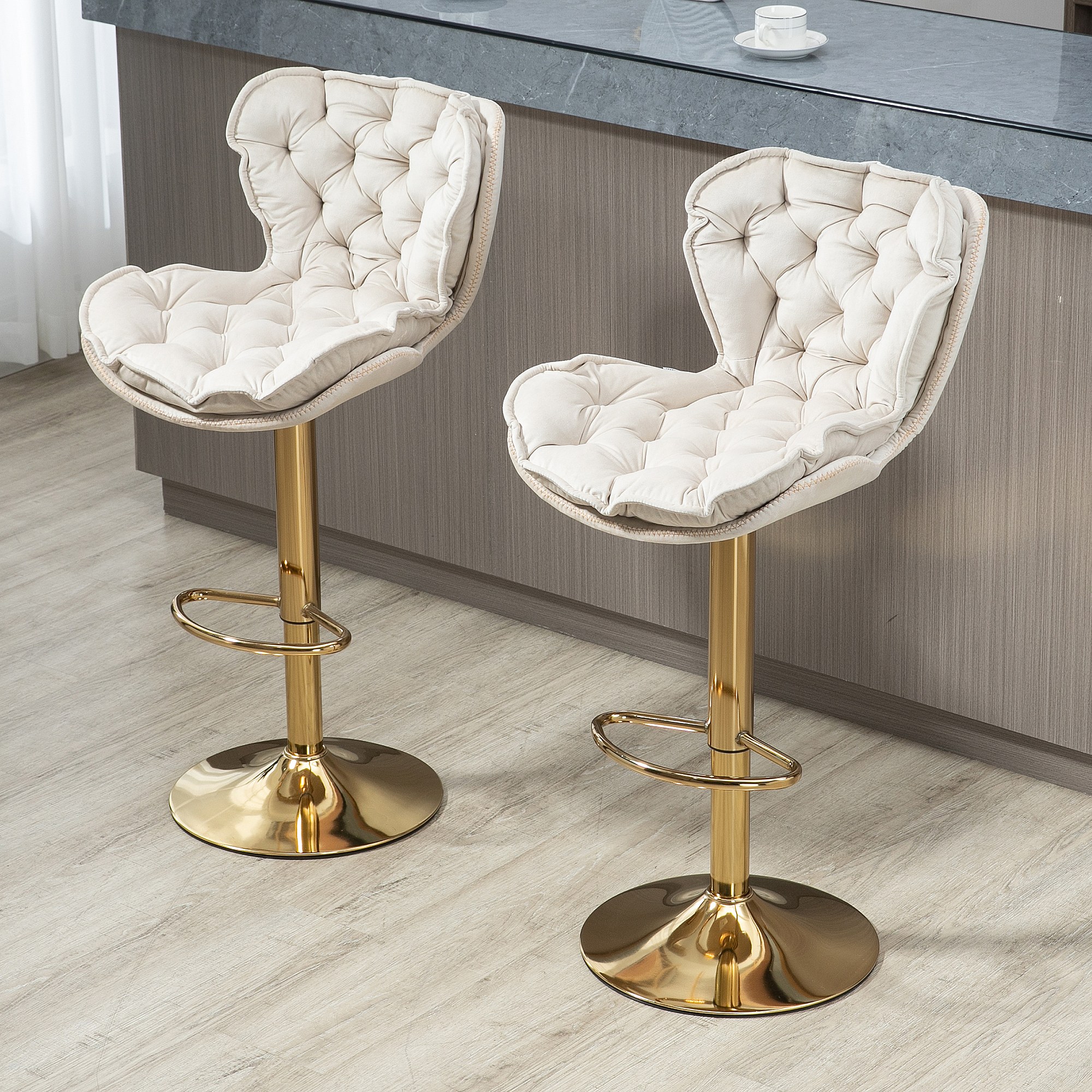WOLTU Barkrukken Lichtgrijs set van 2 in Linne,Barstoelen In hoogte verstelbare kruk Draaibare