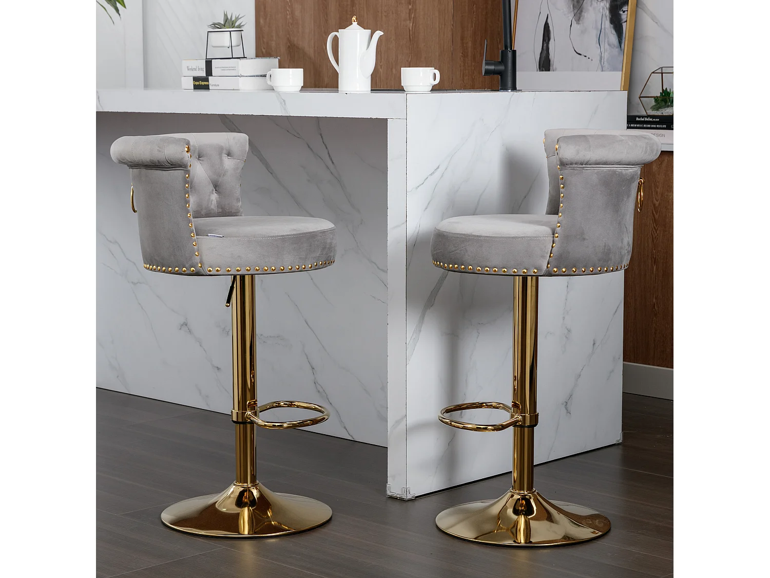 Draaistoelenset van 2 in hoogte verstelbare barkrukken met voetsteun