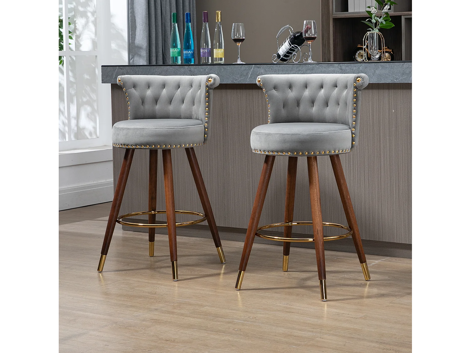 Tabourets de bar pivotants avec dossier et repose-pieds, hauteur fixe à 360 degrés