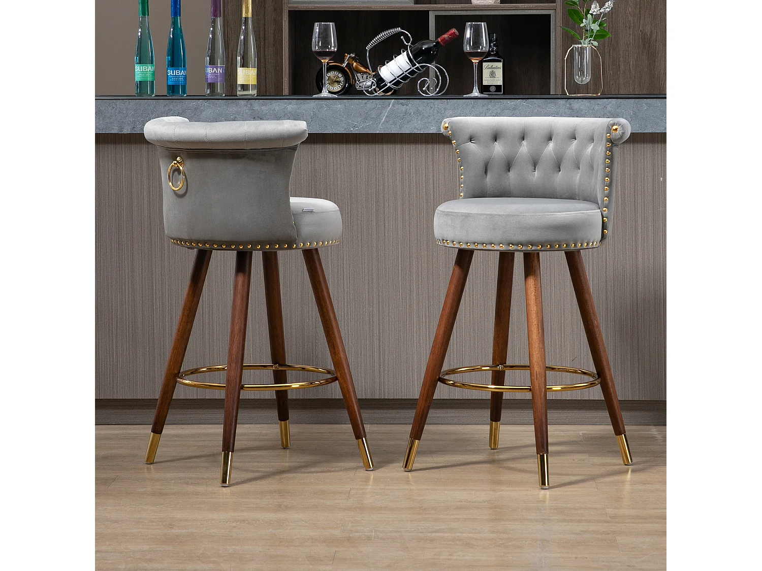 Tabourets de bar pivotants avec dossier et repose-pieds, hauteur fixe à 360 degrés