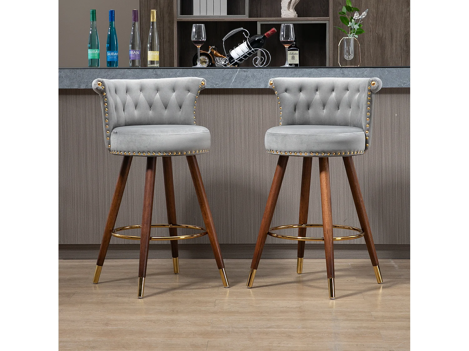 Tabourets de bar pivotants avec dossier et repose-pieds, hauteur fixe à 360 degrés