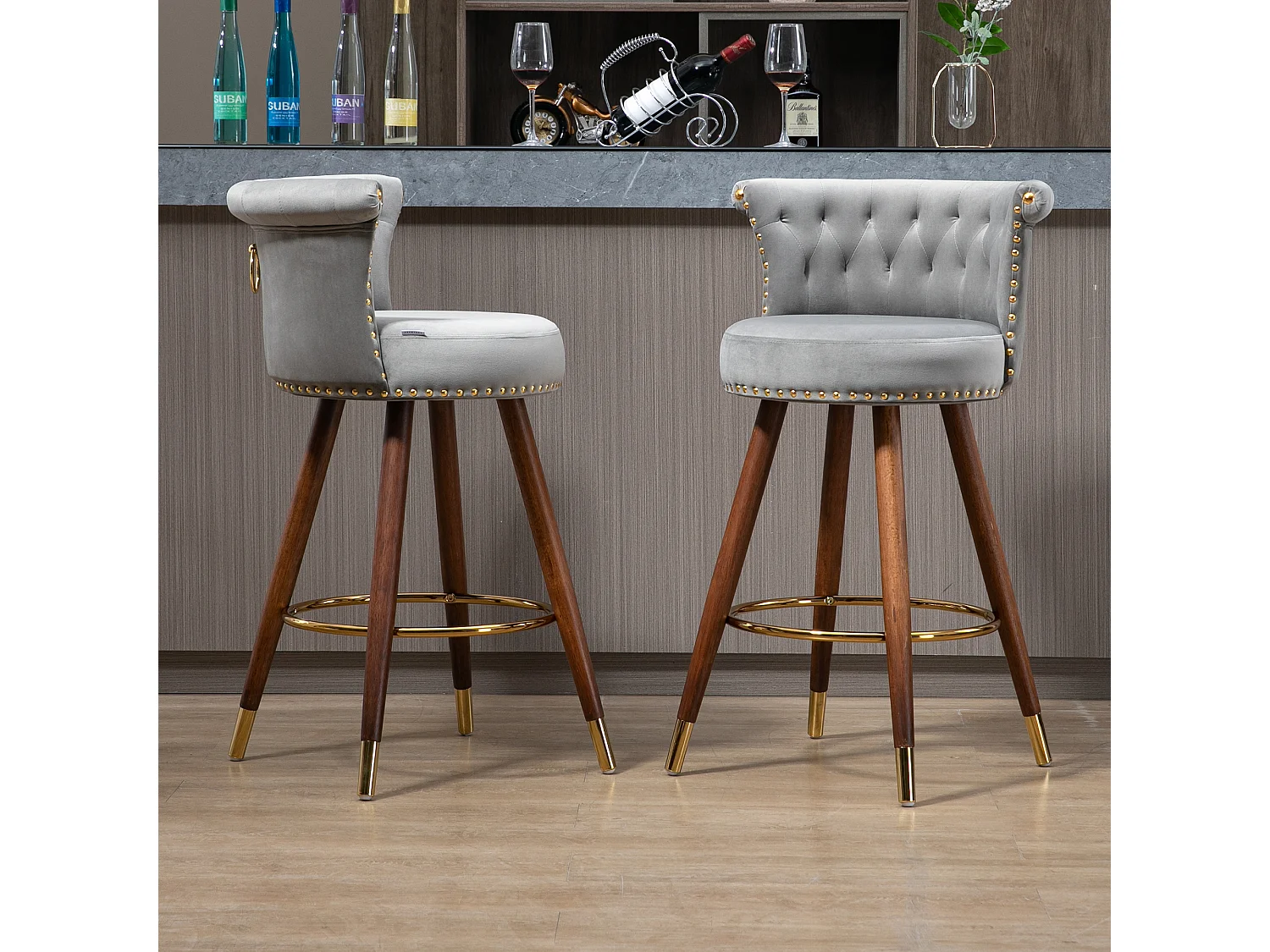 Tabourets de bar pivotants avec dossier et repose-pieds, hauteur fixe à 360 degrés