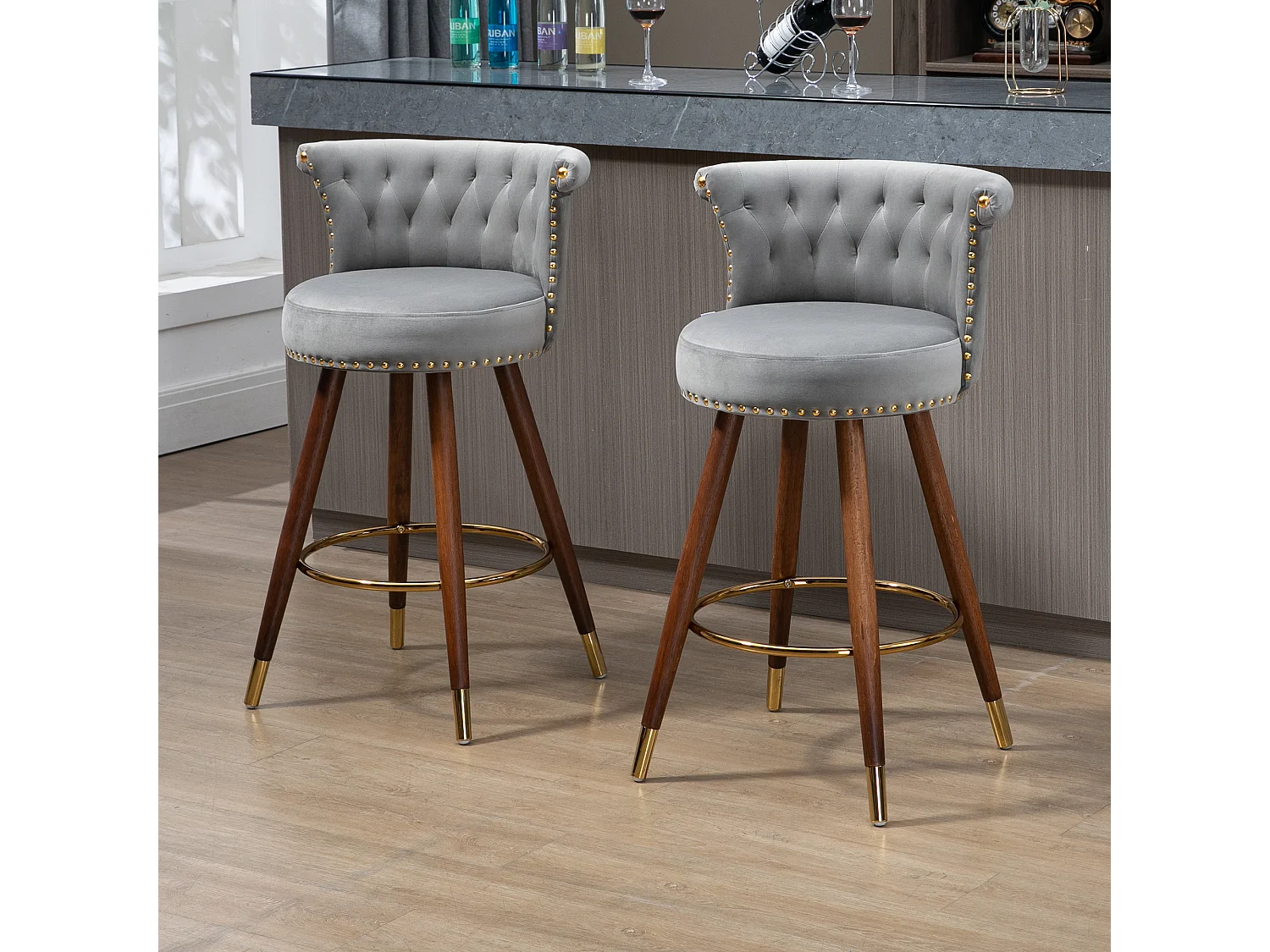 Tabourets de bar pivotants avec dossier et repose-pieds, hauteur fixe à 360 degrés