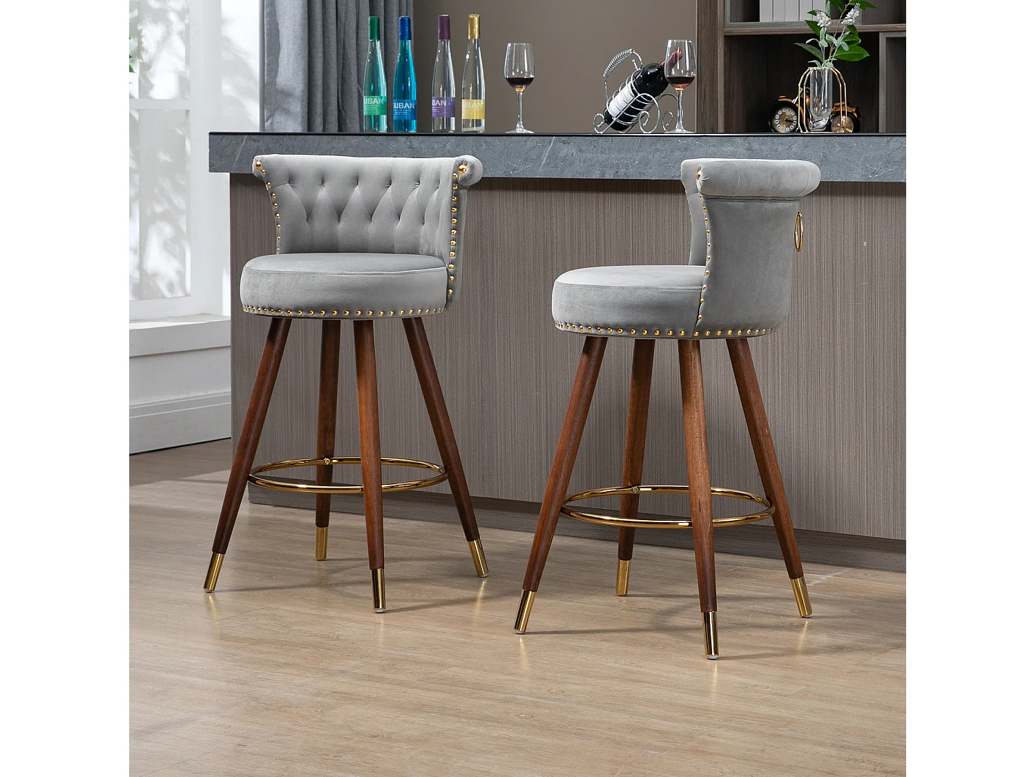 Tabourets de bar pivotants avec dossier et repose-pieds, hauteur fixe à 360 degrés