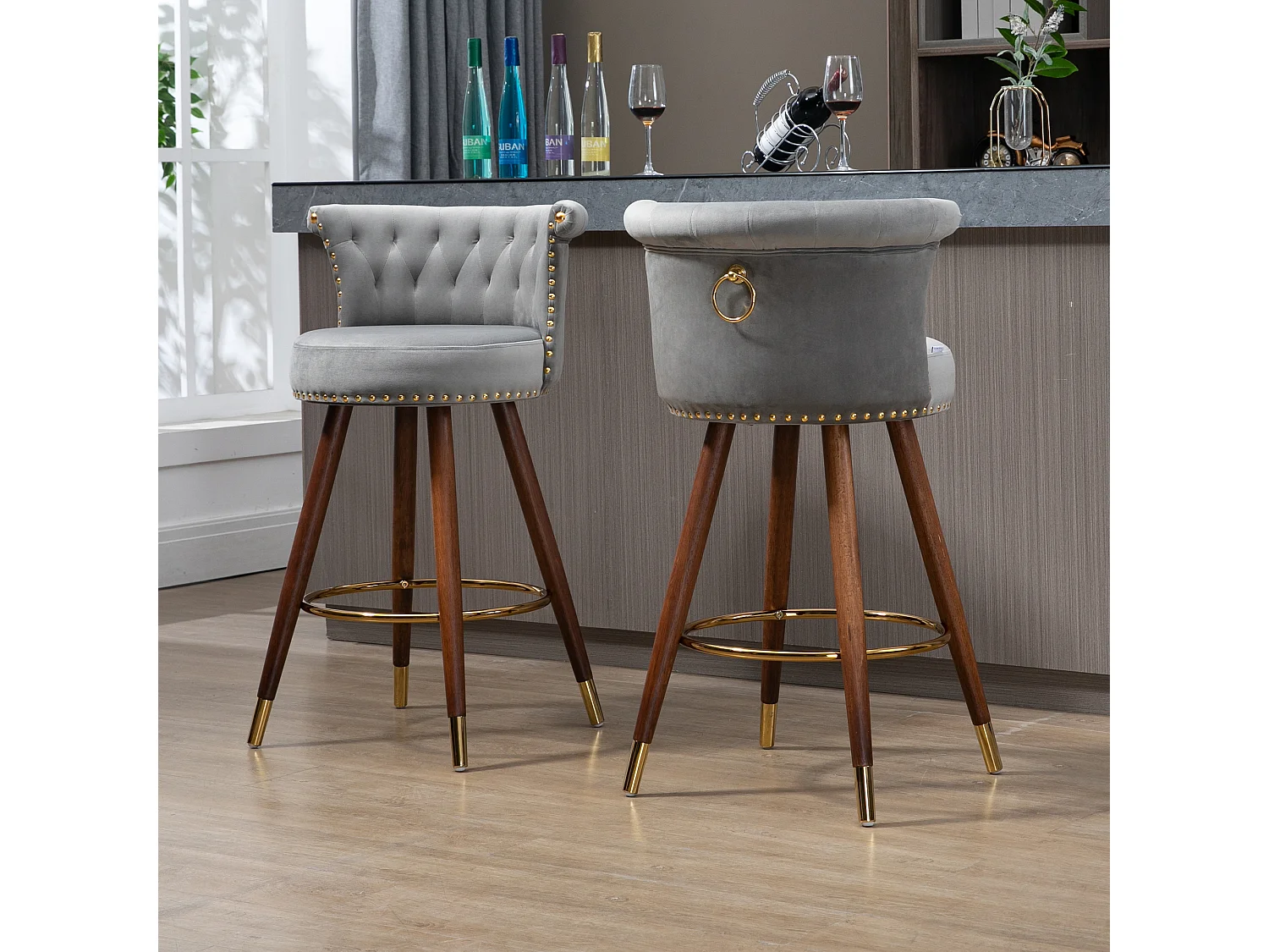 Tabourets de bar pivotants avec dossier et repose-pieds, hauteur fixe à 360 degrés