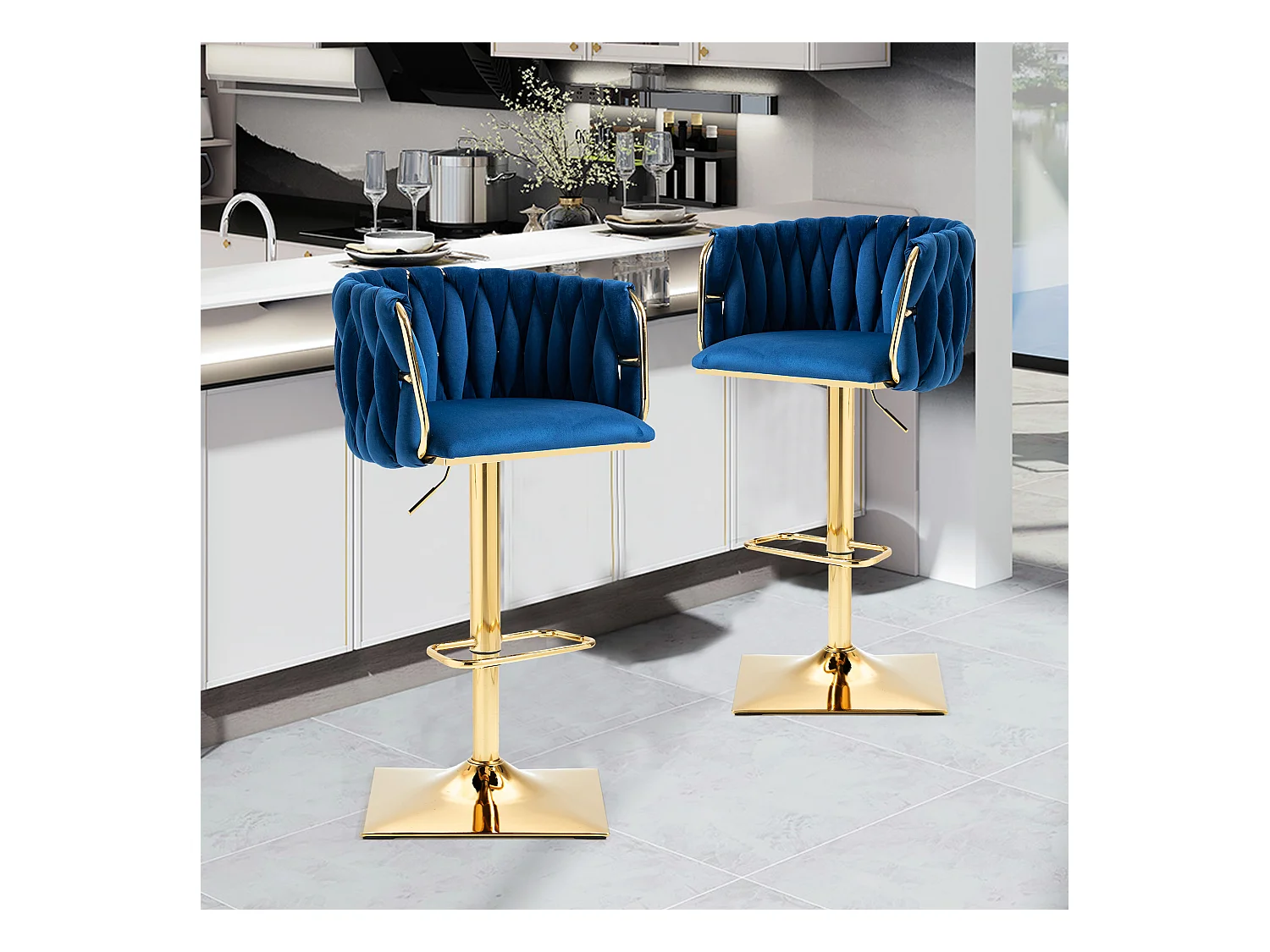 Set van 2 fluwelen draaibare barkrukken met handgeweven rug
