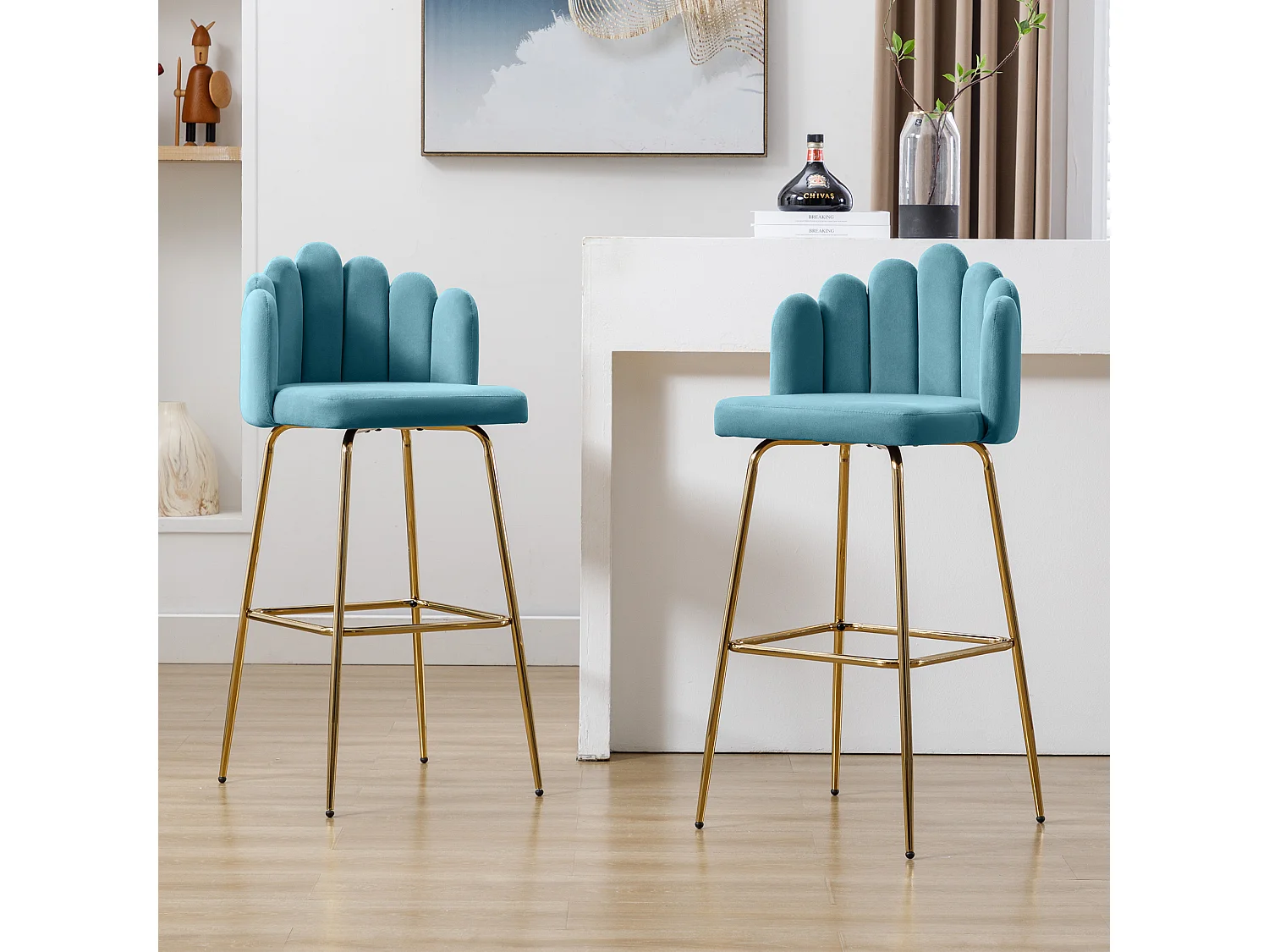 Chaises de bar en velours, lot de 2, couleur bleu tiffany
