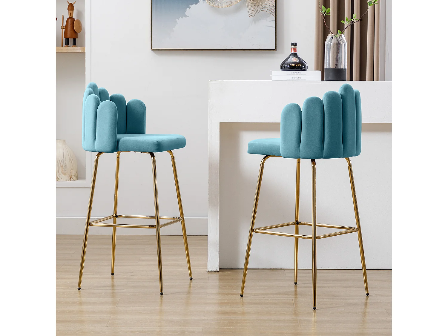 Chaises de bar en velours, lot de 2, couleur bleu tiffany
