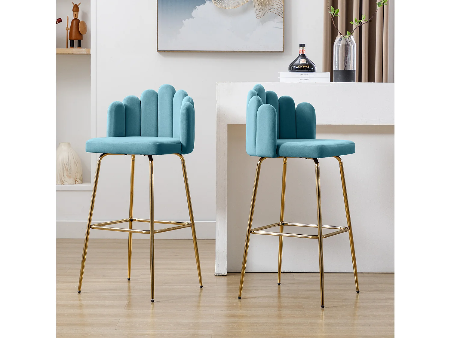 Chaises de bar en velours, lot de 2, couleur bleu tiffany