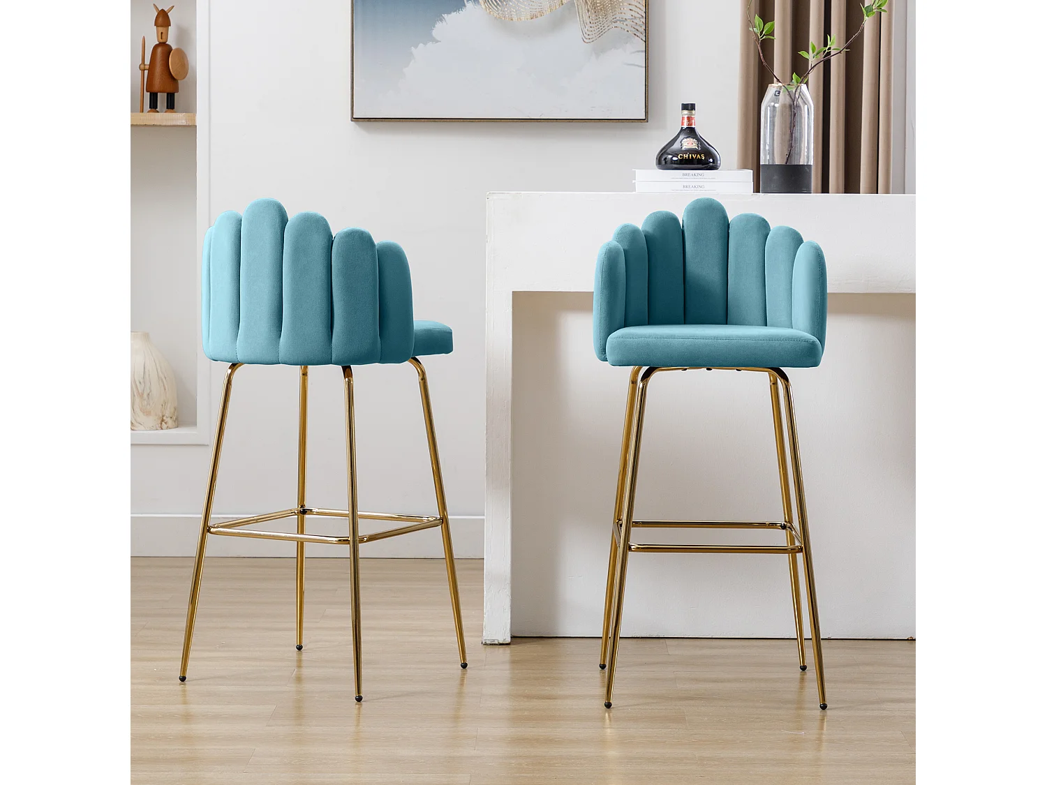Chaises de bar en velours, lot de 2, couleur bleu tiffany