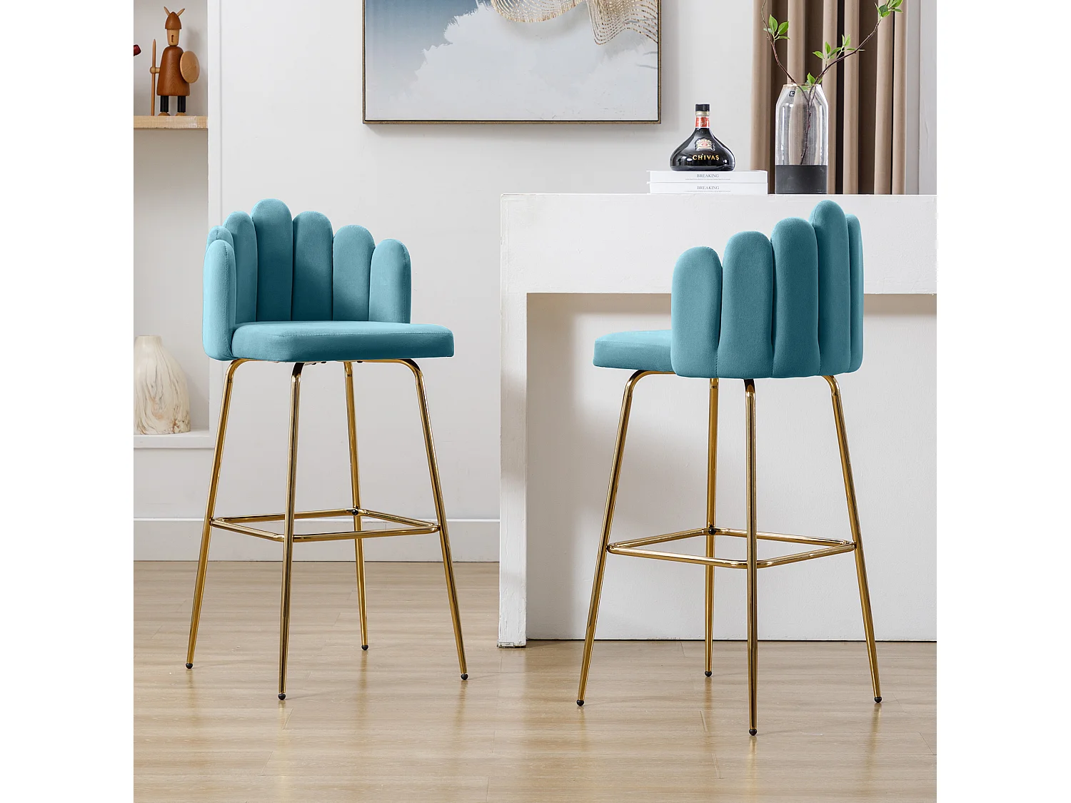 Chaises de bar en velours, lot de 2, couleur bleu tiffany