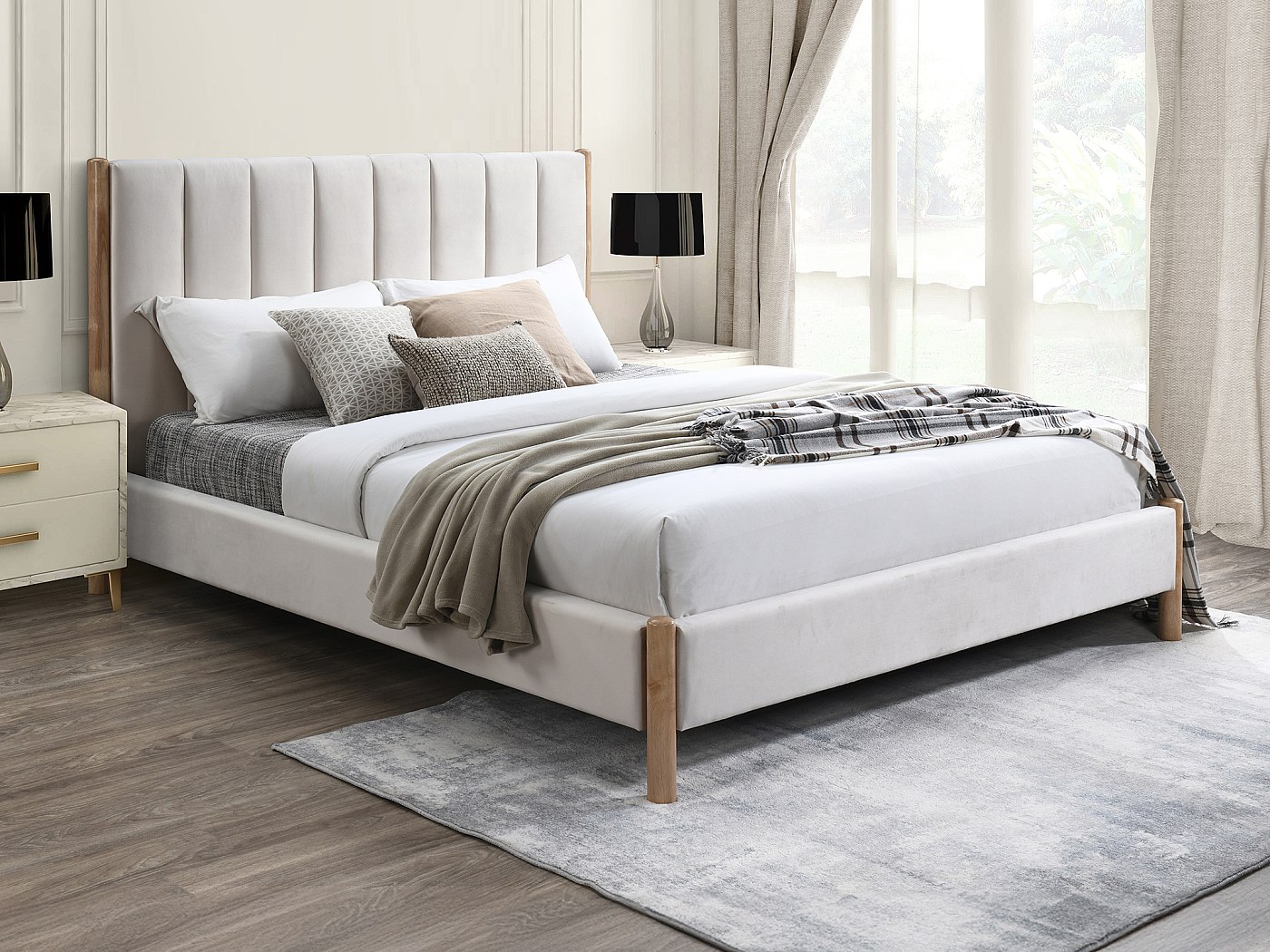 Letto 180 x 200 cm con testata letto impunture verticali velluto avorio