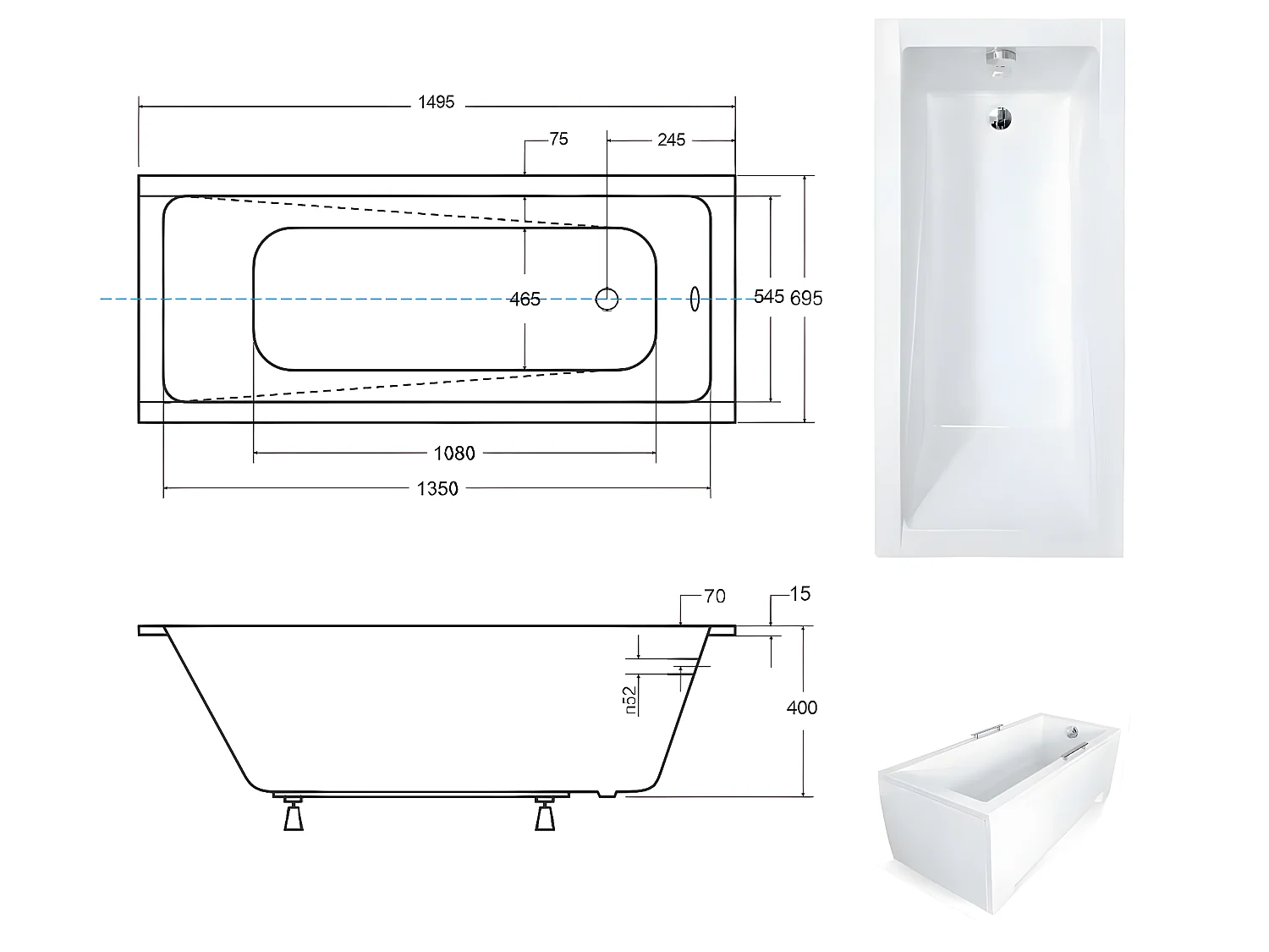 Baignoire rectangulaire blanche à encastrer + repose tête - MODERN SLIM - 150 x 70 cm