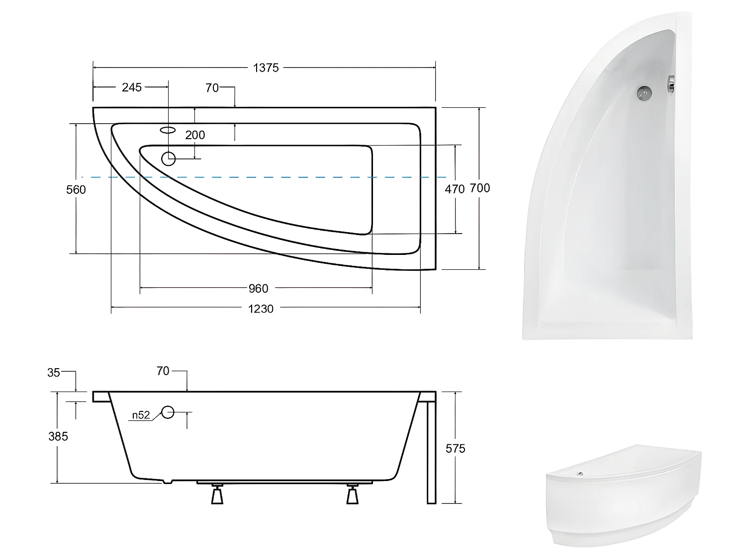 Baignoire asymétrique + tablier noir + repose tête - PRAKTIKA - 140 x 70 cm - Droite