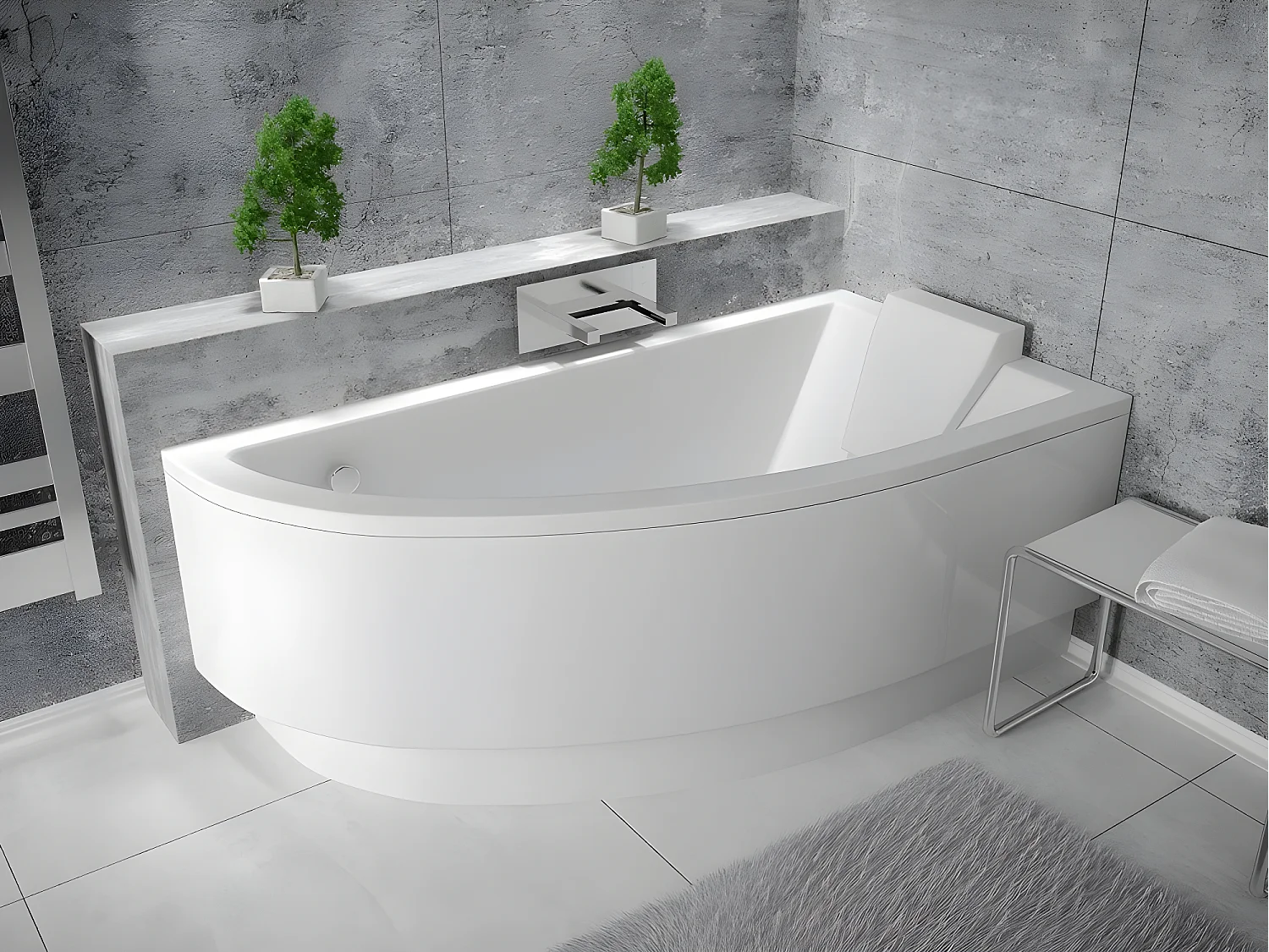 Baignoire asymétrique + tablier blanc + repose tête - PRAKTIKA - 140 x 70 cm - Droite