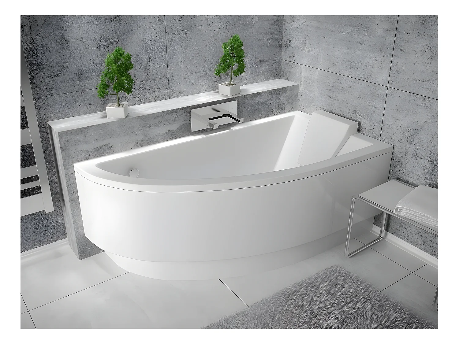 Baignoire asymétrique + tablier blanc + repose tête - PRAKTIKA - 140 x 70 cm - Droite