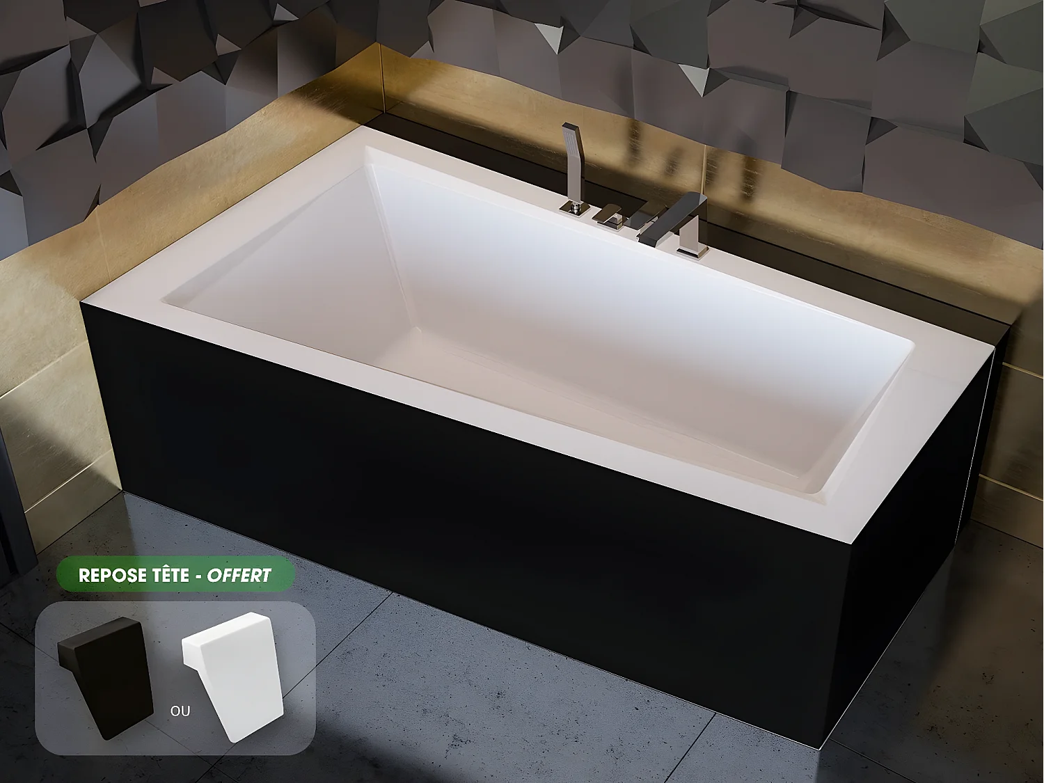 Baignoire asymétrique + tablier noir + repose tête - INTIMA - 160 x 90 cm - Gauche