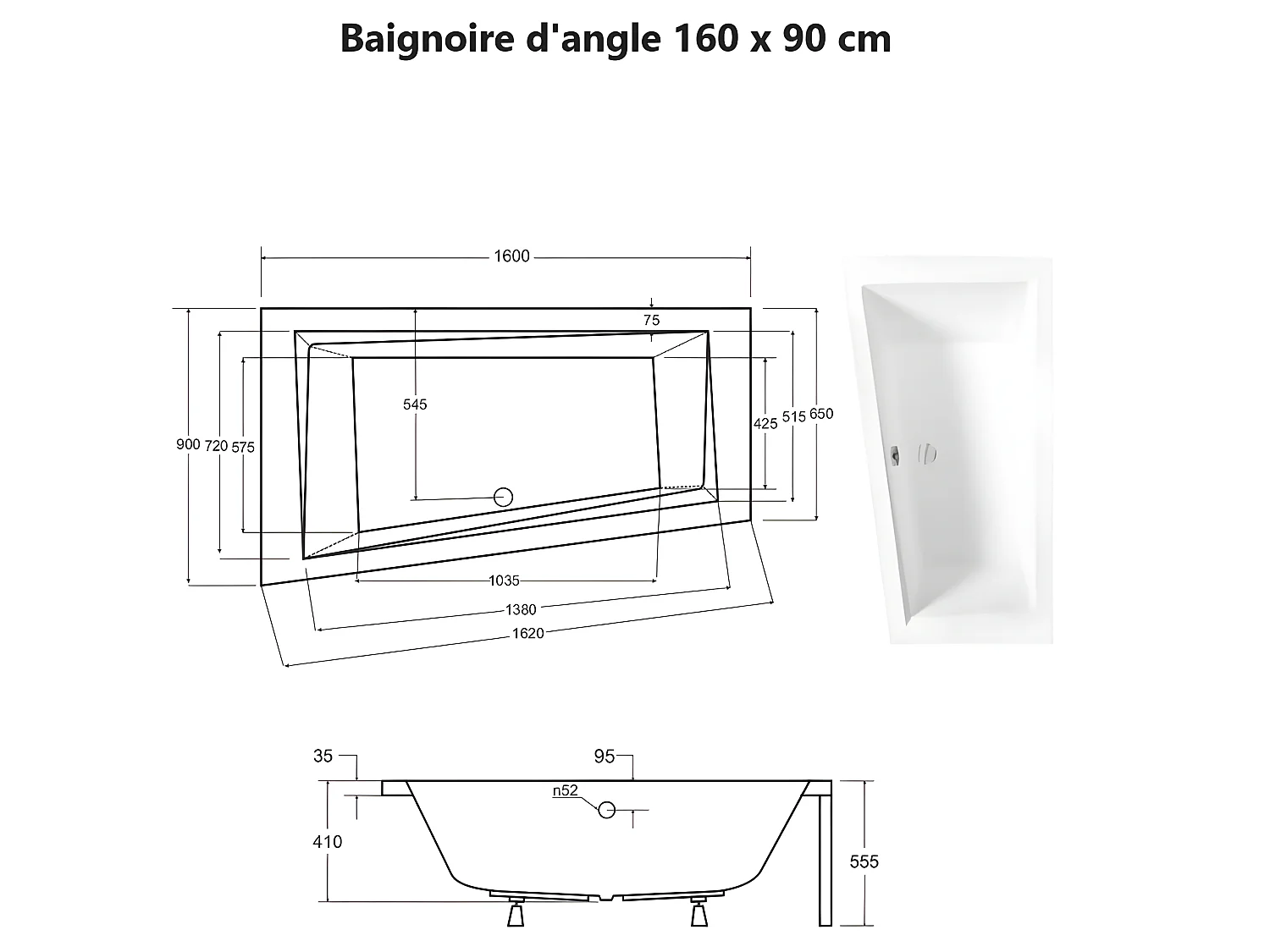 Baignoire asymétrique + tablier noir + repose tête - INTIMA - 160 x 90 cm - Gauche