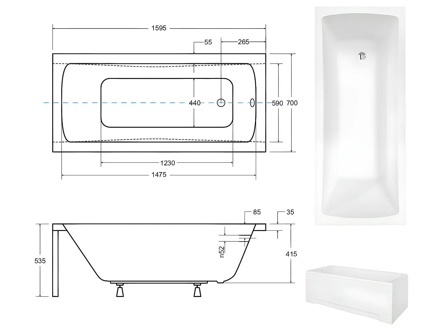 Baignoire rectangulaire + tablier blanc + repose tête - OPTIMA - 160 x 70 cm