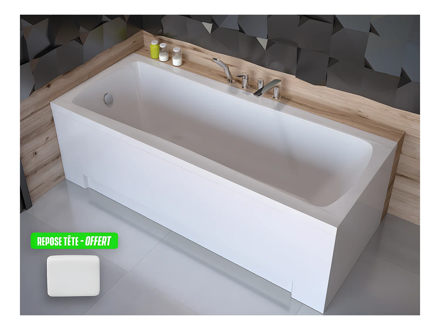 Baignoire rectangulaire + tablier blanc + repose tête - OPTIMA - 160 x 70 cm