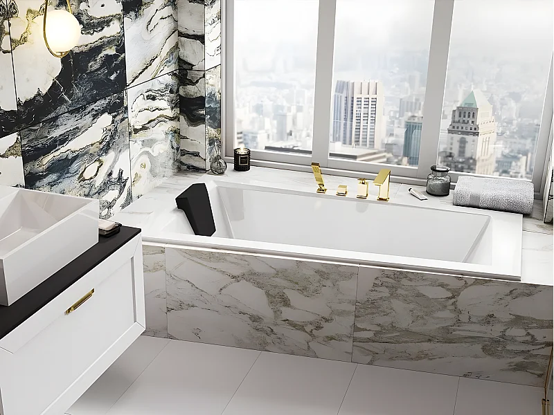 Baignoire asymétrique blanche encastrée + repose tête - INTIMA SLIM - 150 x 85 cm - gauche