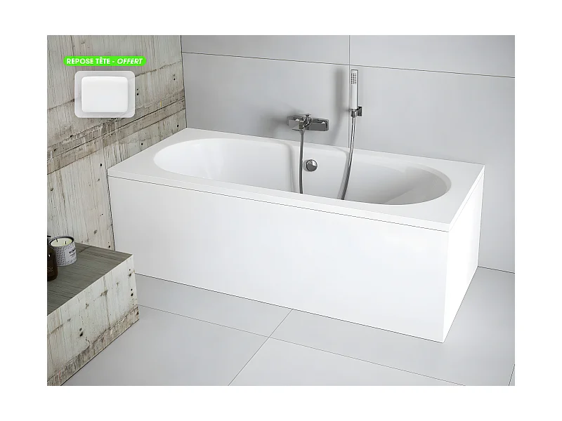 Baignoire rectangulaire - avec Tablier Blanc et Repose Tête OFFERT | VITAE | 180 x 80 cm