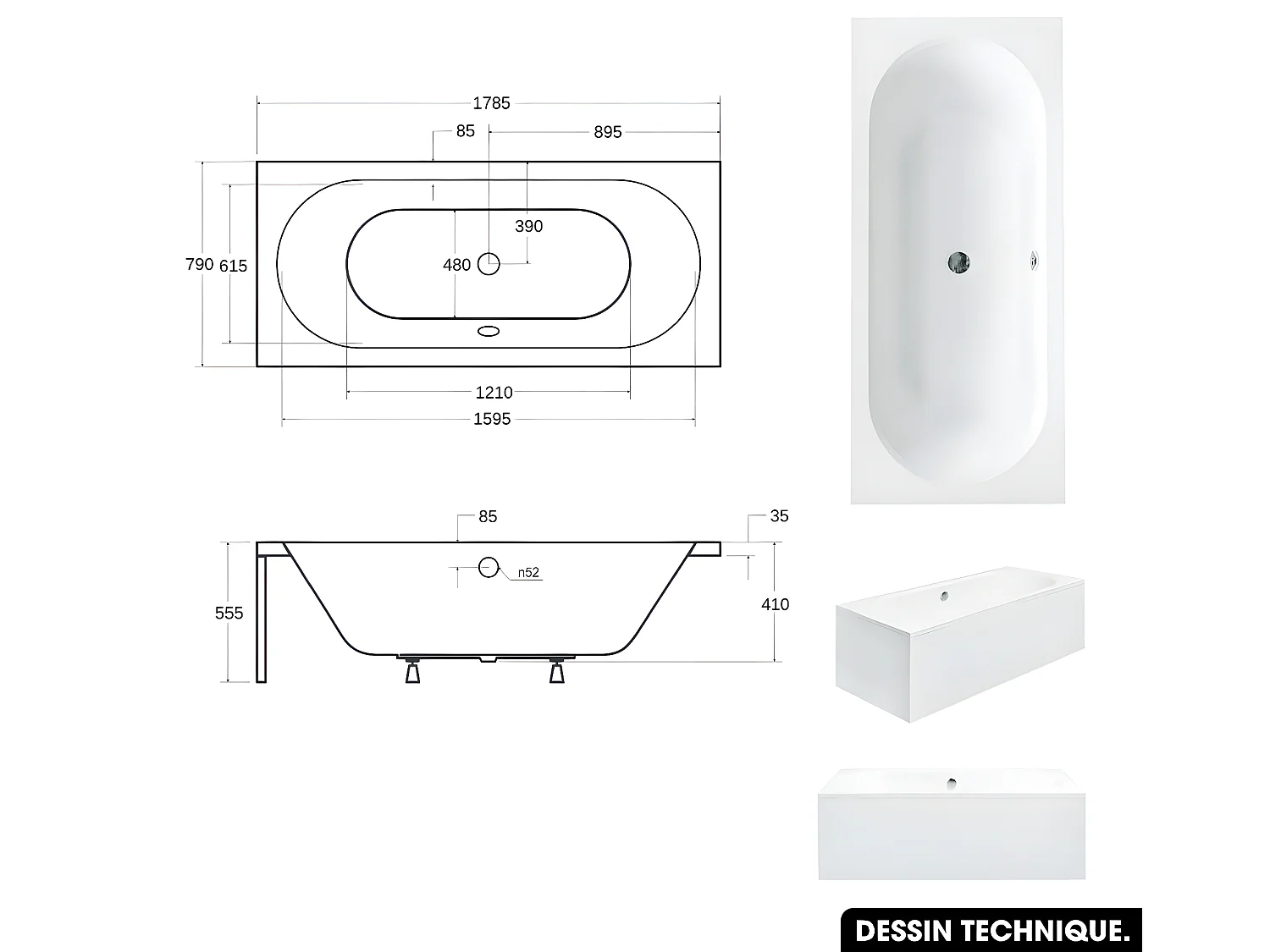 Baignoire rectangulaire - avec Tablier Blanc et Repose Tête OFFERT | VITAE | 180 x 80 cm