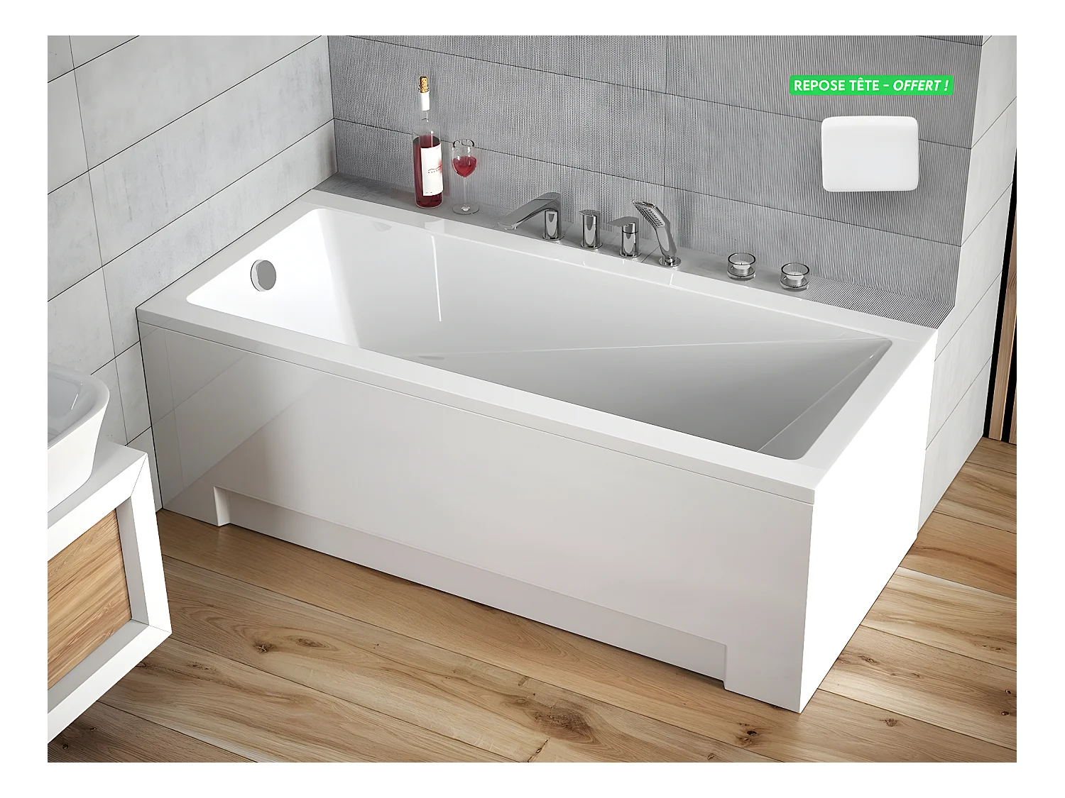 Baignoire rectangulaire - avec Tablier Blanc et Repose Tête OFFERT | MODERN | 150 x 70 cm