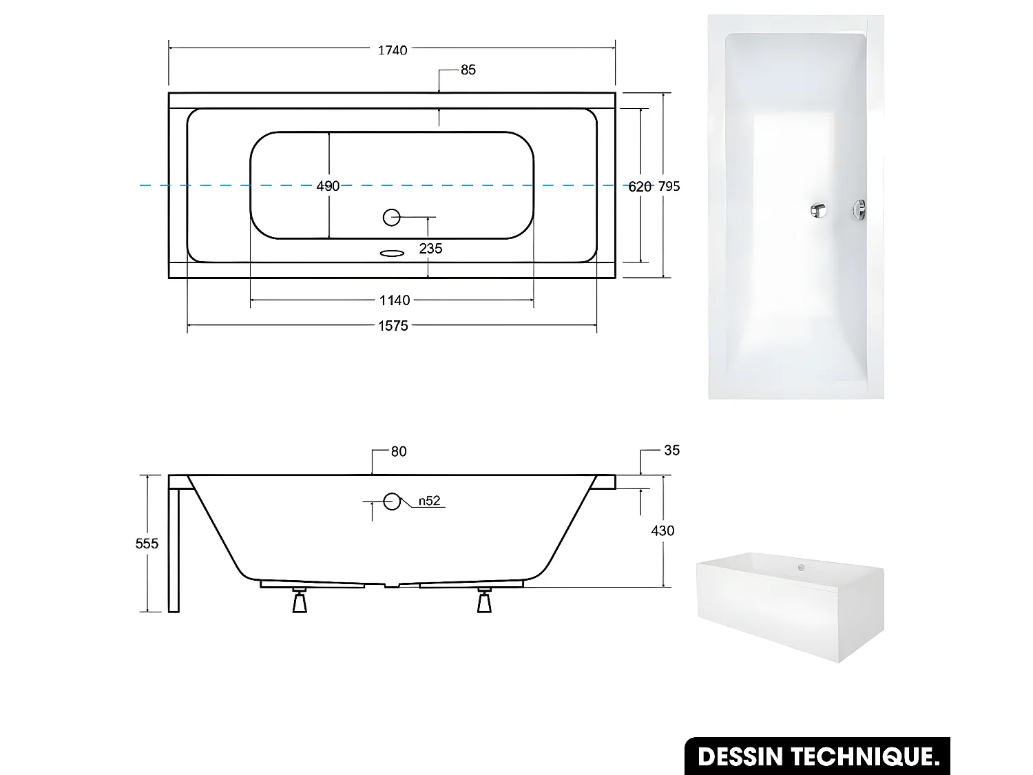 Baignoire rectangulaire - avec Tablier Noir Mat et Repose Tête OFFERT | QUADRO | 175  x 80 cm