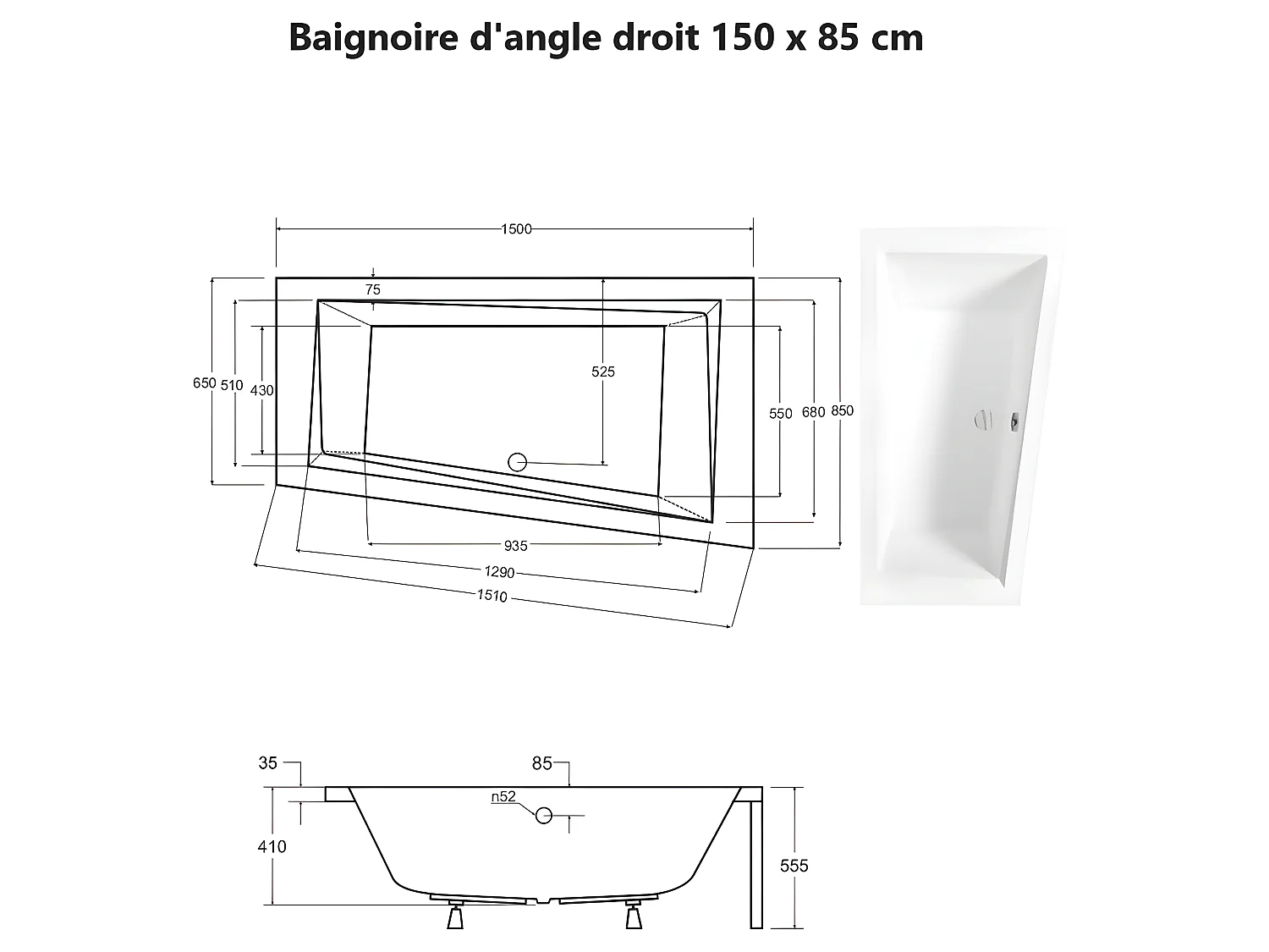 Baignoire asymétrique + tablier noir + repose tête - INTIMA - 150 x 85 cm - Droite