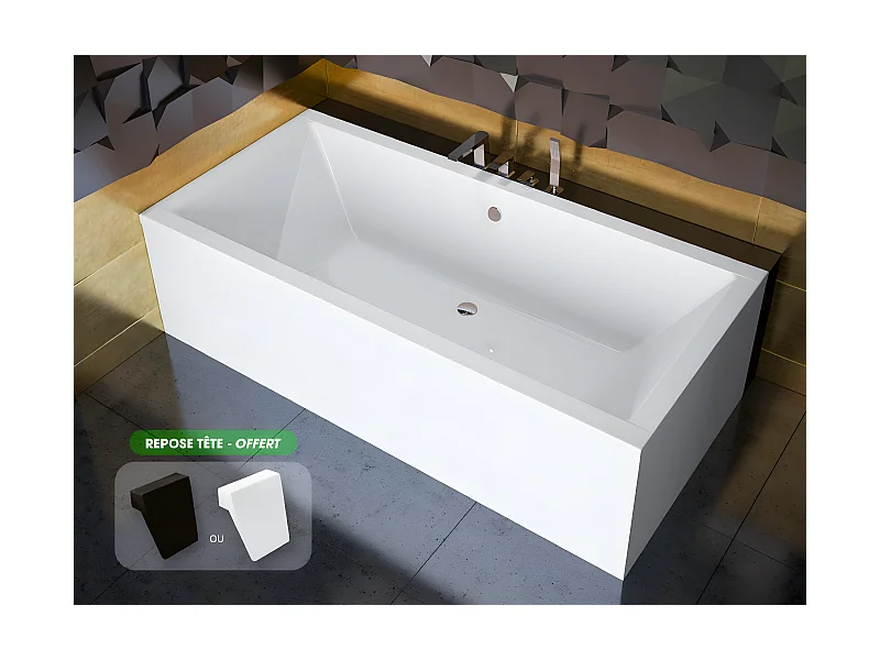 Baignoire rectangulaire - avec Tablier Blanc et Repose Tête OFFERT | QUADRO | 155 x 70 cm